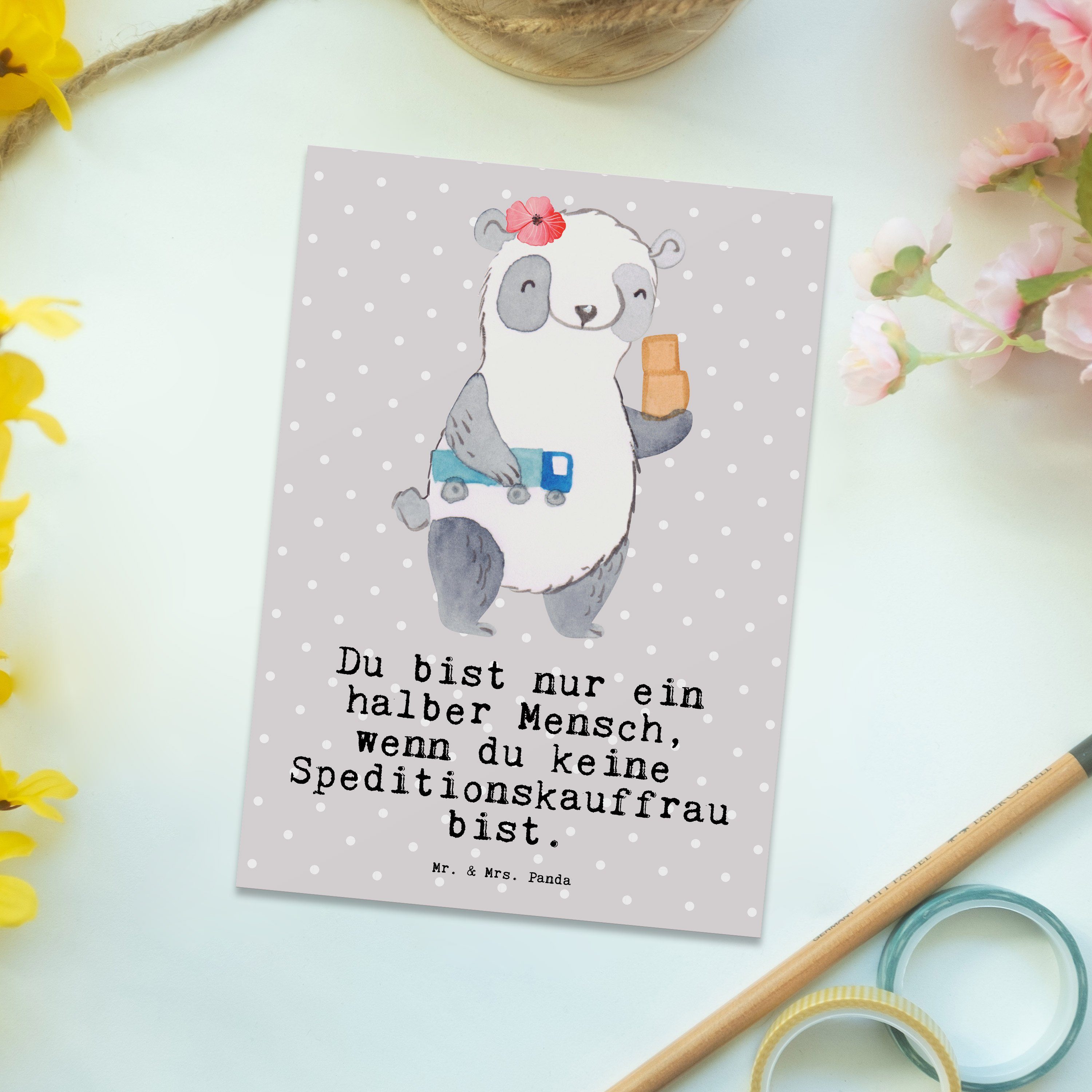 mit Mr. - Grau Postkarte & Speditionskauffrau Panda Pastell - Herz Mrs. Geschenk, Geschenkkarte