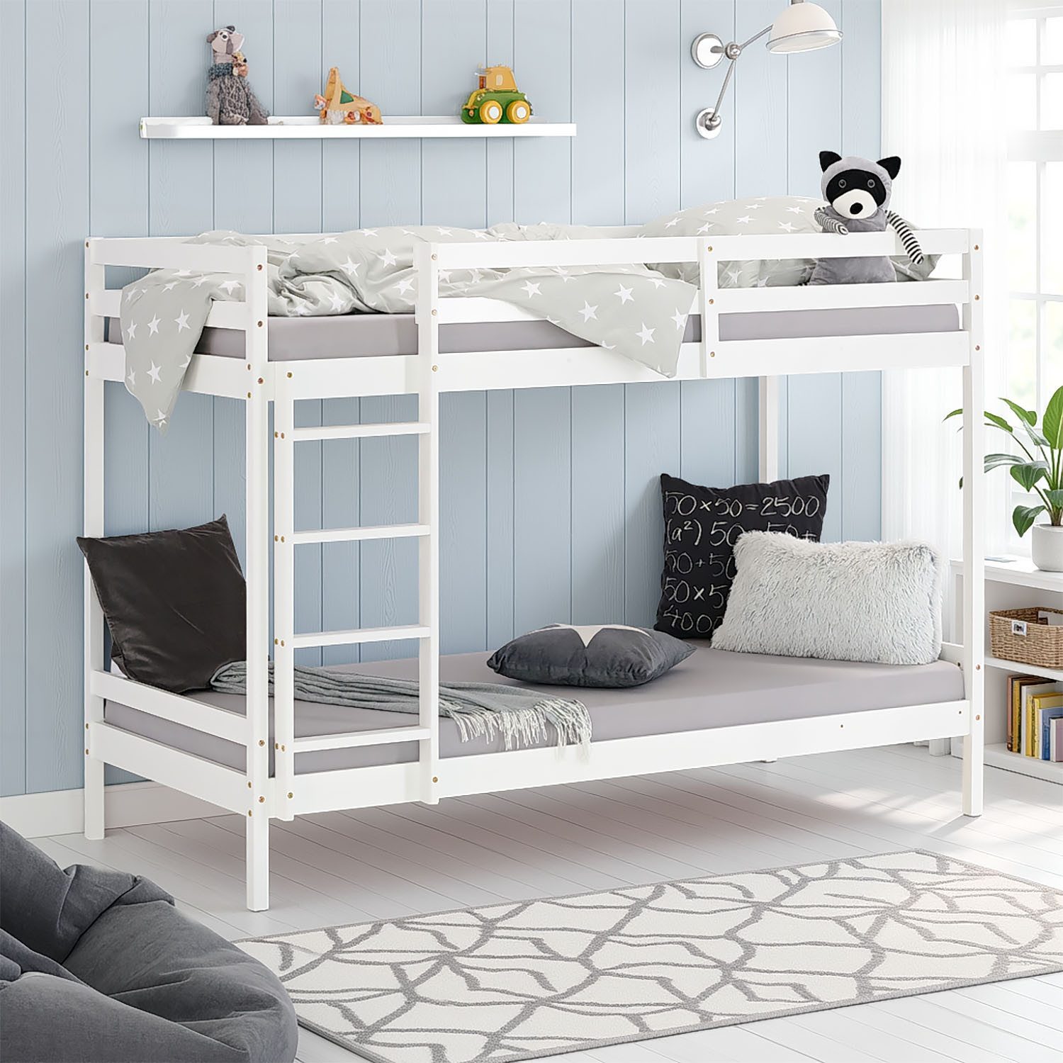Homestyle4u Etagenbett 90x200 für 2 Kinder Geschwisterbett Weiß Doppelstockbett Hochbett (Komplett-Set mit Lattenrost, Matratze mit OEKO-TEX® Standard 100), Kiefer
