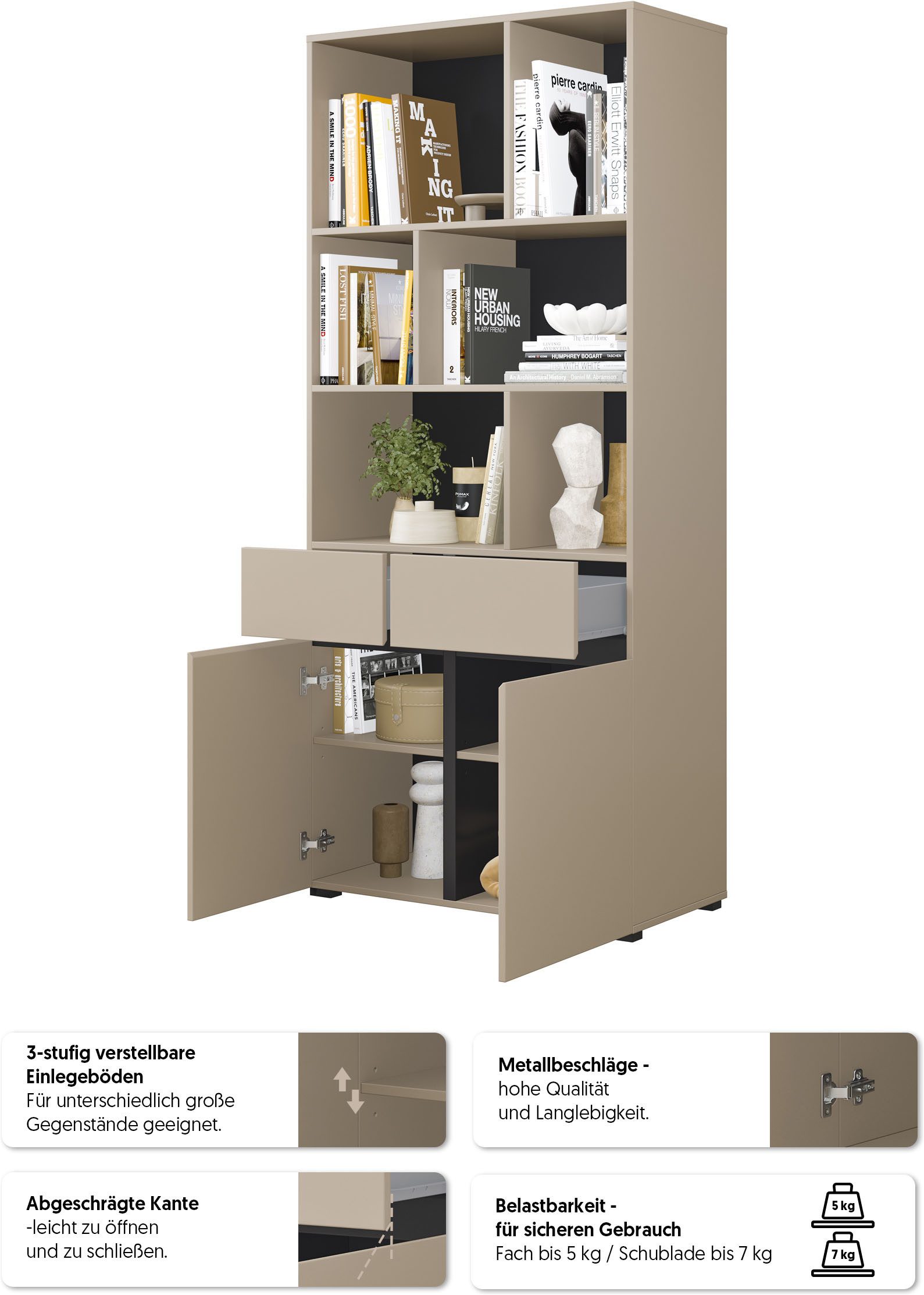 OTTO home Aktenschrank Cross, Breite 85 cm, modernem grifflose Standregal, Bücherregal Standregal mit 6 offene Fächern, 2 Schubladen und 2 Türen, Büroregal – Bild 3 von 5