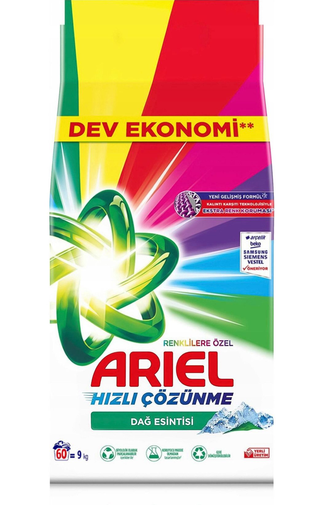 KomfortHome Waschpulver Ariel Mountain Spring Color 9 kg Colorwaschmittel (1 waschpulver 9 kg, [- 1 Waschpulver 9 kg 1x 9 kg)
