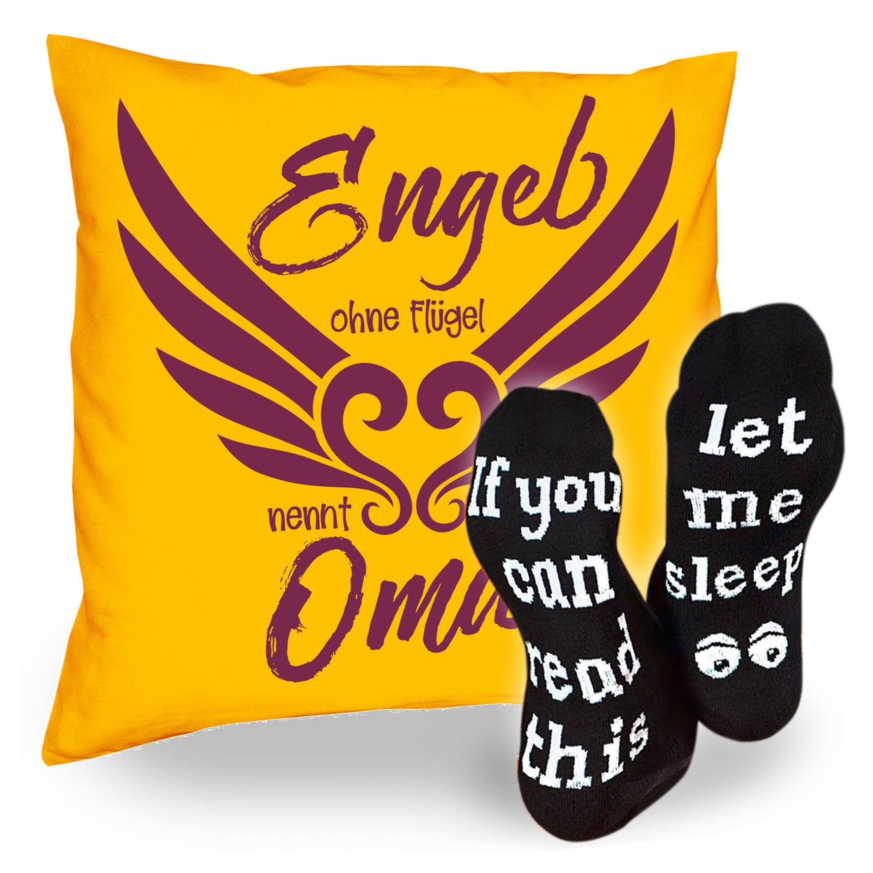 Soreso® Dekokissen Kissen Engel ohne Flügel nennt man Oma & Sprüche Socken Sleep, Geschenk Geburtstagsgeschenk gelb