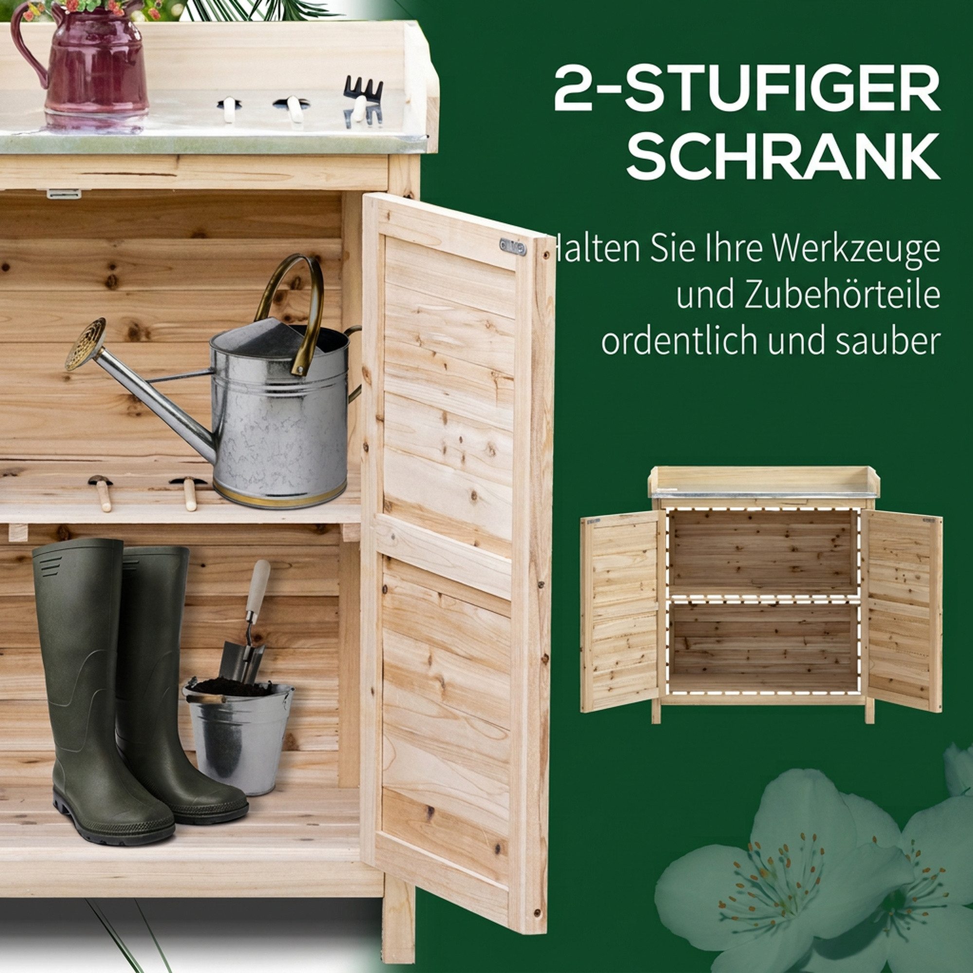 Outsunny Geräteschrank Geräteschuppen mit 2 Regalböden, Werkzeugschrank, wetterfest (Outdoor Gartenschrank, 1-St., Pflanztisch mit Unterschrank) für Garten Balk – Bild 4 von 5