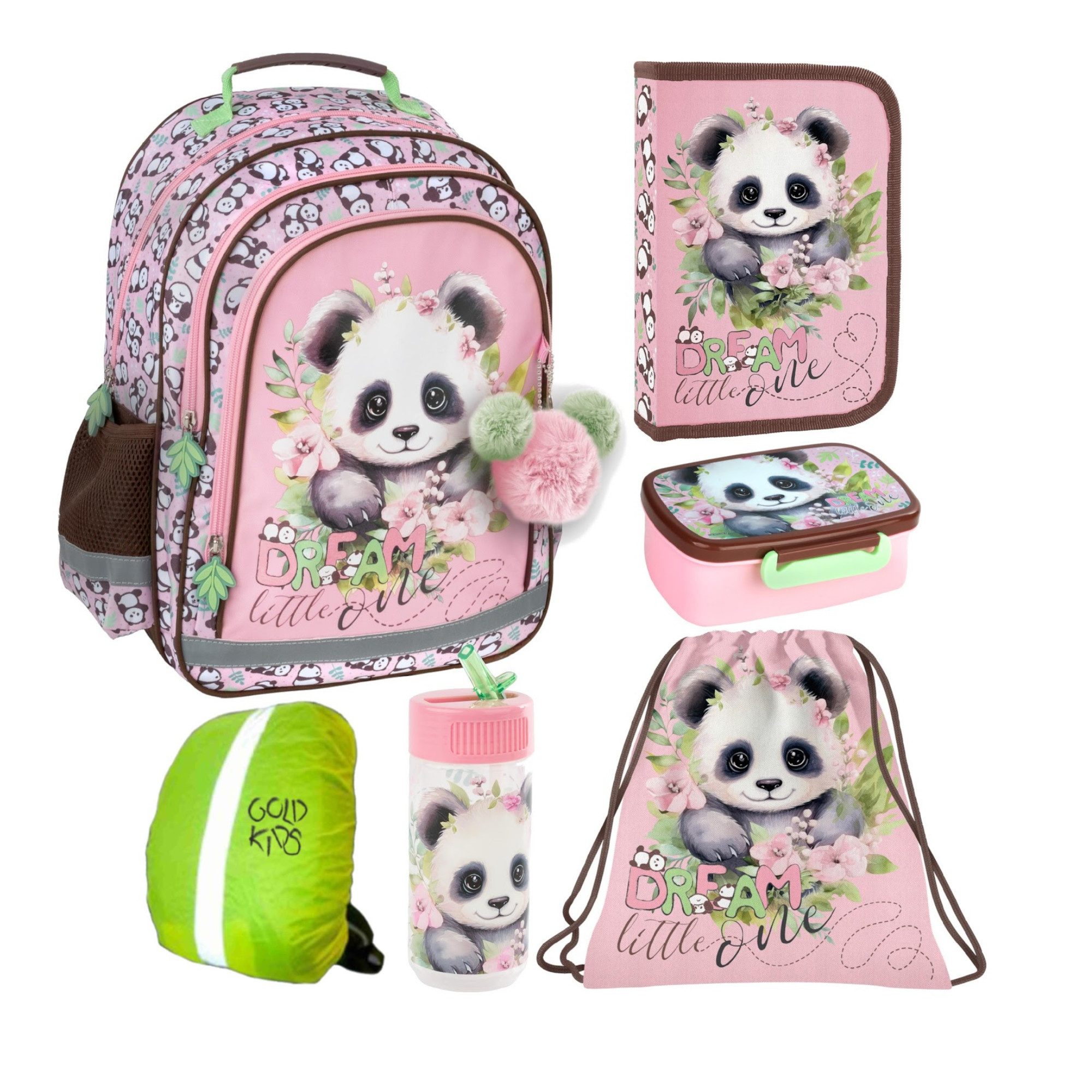GOLDKIDS Schulranzen für Jungen und Mädchen, 6er-Set - (Schul-Rucksack für Kinder mit Federmäppchen -, 1-tlg., Schuhbeutel und Regenschutz), - Panda Motiv
