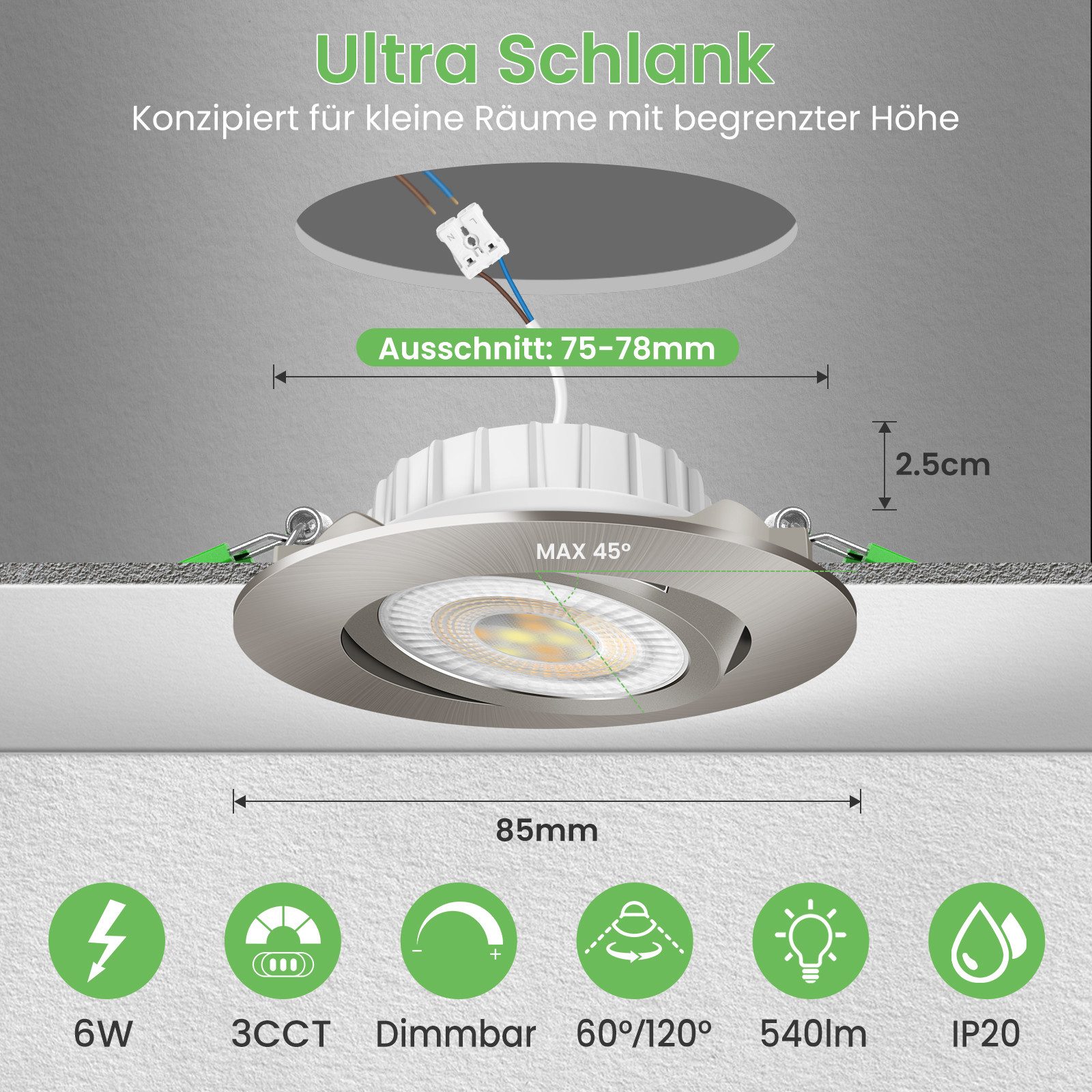 ALUSSO LED Einbauleuchte 6er-Set, ED-Einbau-Spot, 6W, 3CCT, schwenkbar, Ø76 günstig online kaufen