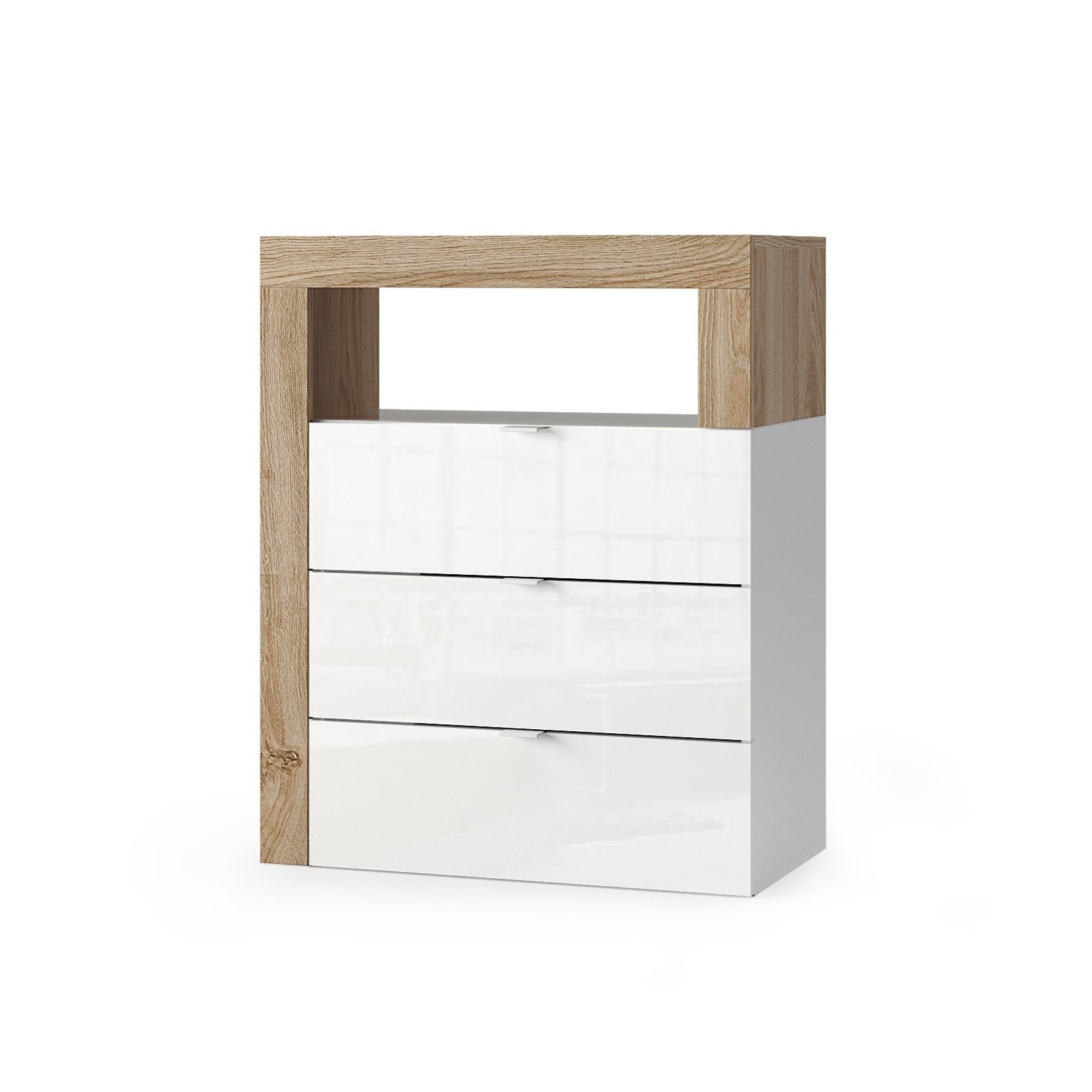 MCA furniture Badkommode 3 Schübe, FSC, in Weiß hochglanz / Eiche-Cadiz Dekor - 64x78x35 (BxHxT