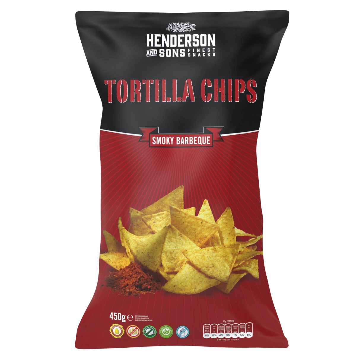 HENDERSON & SONS Knabberei, Henderson and Sons Smoky Barbeque Tortilla Chips glutenfrei 450g