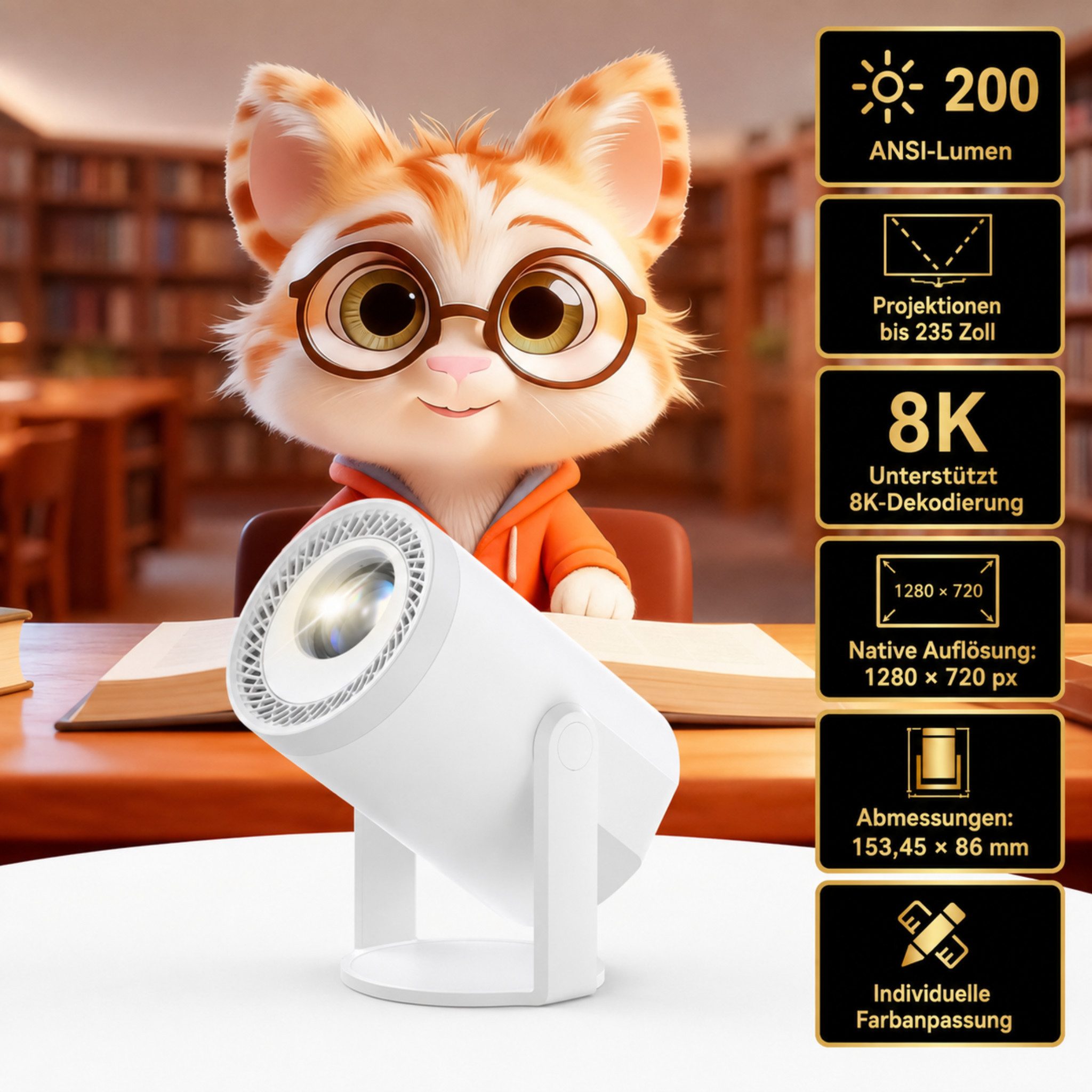 HS.SUPPLY Projektor mit Android 14, 200 ANSI-Lumen, 180° drehbar Mini-Beamer (200 lm, 1280 × 720 Pixel nativ, 8K-Dekodierung px, Android 14, HD 720p, Wi-Fi 6, Bluetooth 5.2, 180° drehbar)