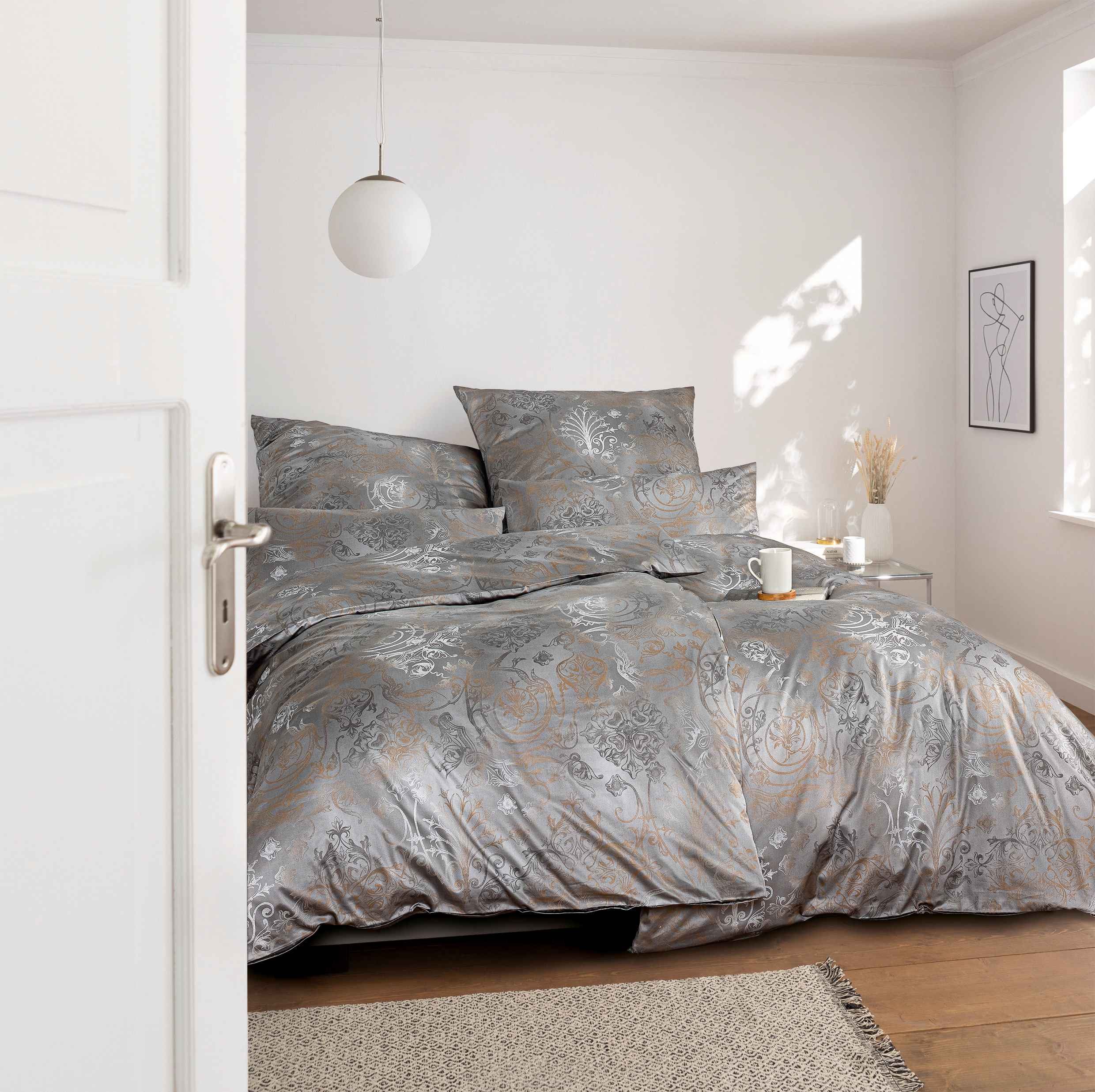 Estella Bettwäsche Estella Schweizer Premium Satin Bettwäsche 155x220 Svizzera grau Orien, Satin, 2 teilig
