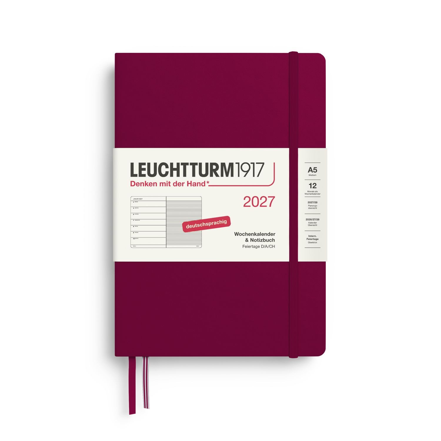 Leuchtturm1917 Taschenkalender Wochenkalender 2027 & Notizbuch Medium A5 Hardcover Port Red