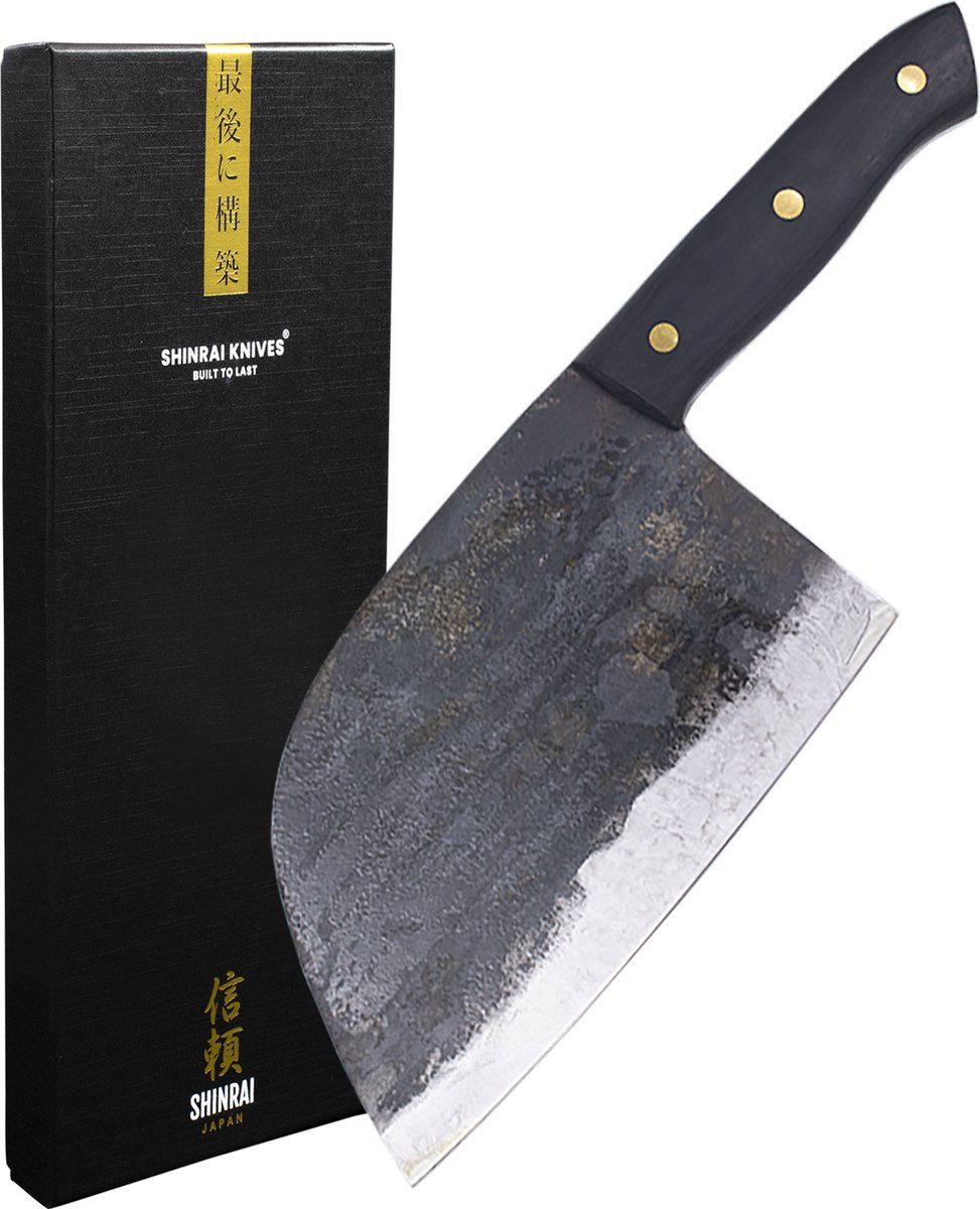 Shinrai Japan Damastmesser Hackmesser 18 cm - Japanisches Messer mit Lederscheide, Handgefertigt bis ins Detail