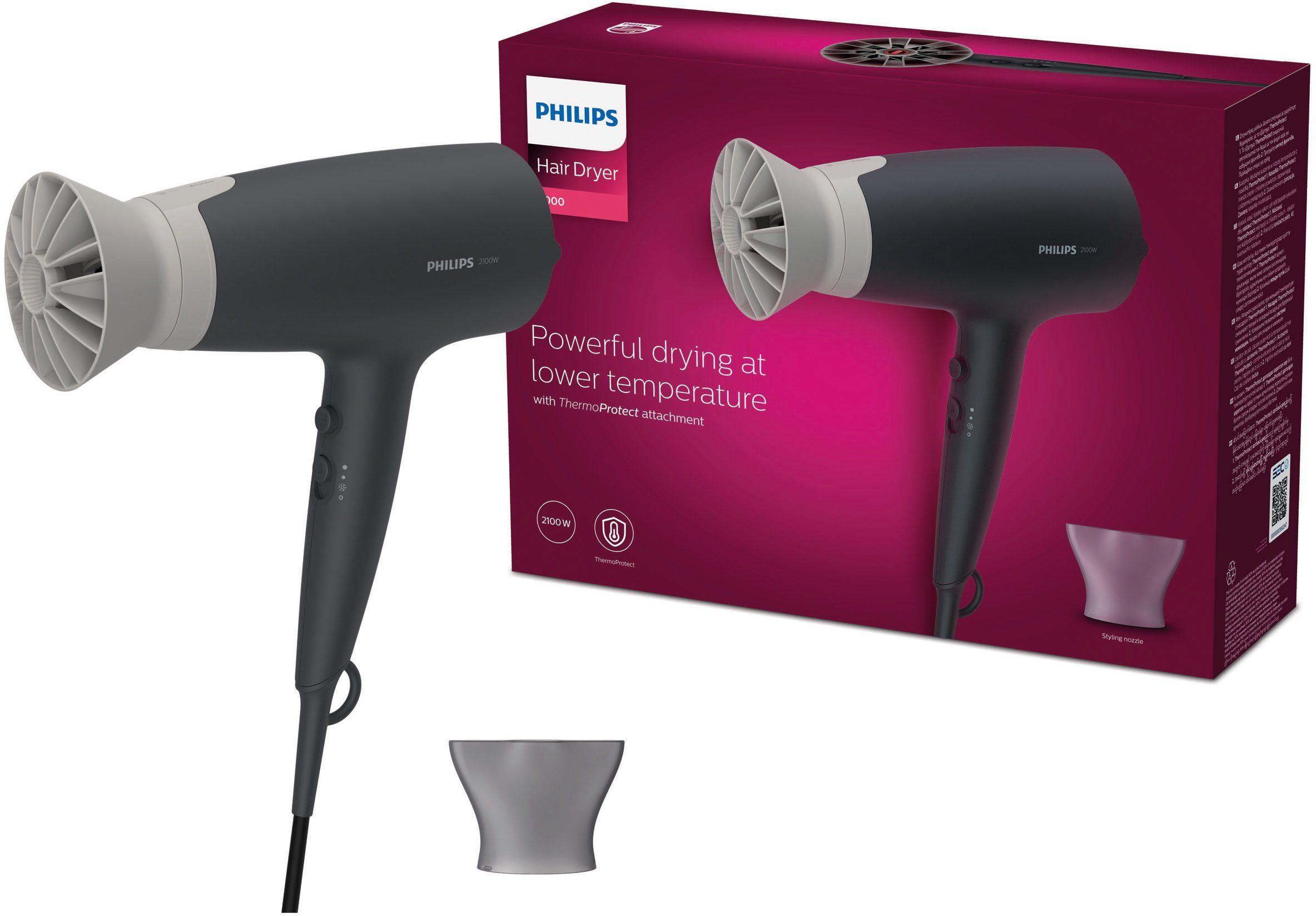 Philips Haartrockner Essential Series 3000 Aufsatz, Geschwindigkeitsstufen BHD351/10, und 6 Hitze- mit W, ThermoProtect 2100