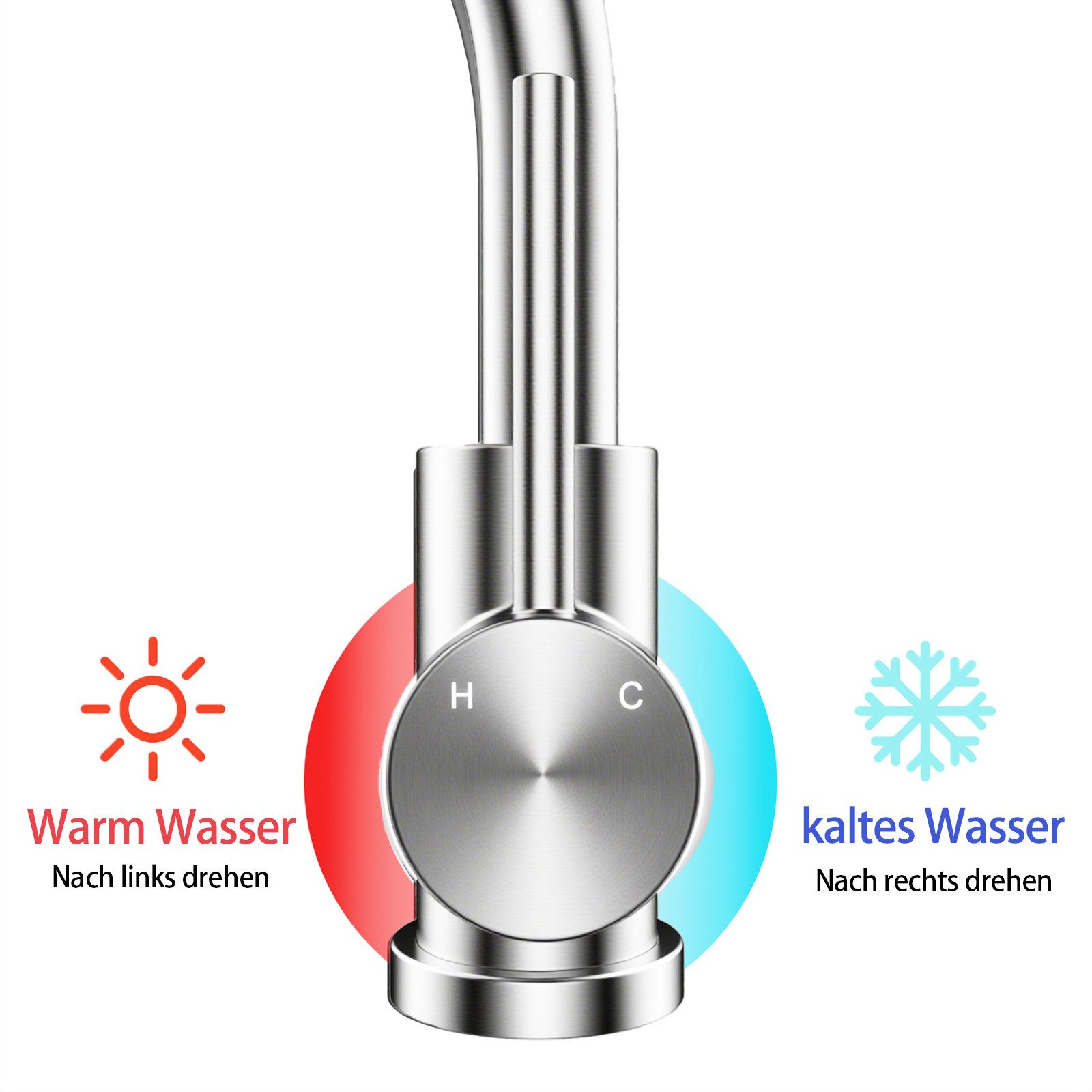 AICA Küchenarmatur Wasserhahn Küche mit Einhand, ausziehbarer Brause für 2 Strahlarten Spültischarmatur mit Einhand & 360° Schwenkfunktion als Hochdruckhahn – Bild 5 von 5