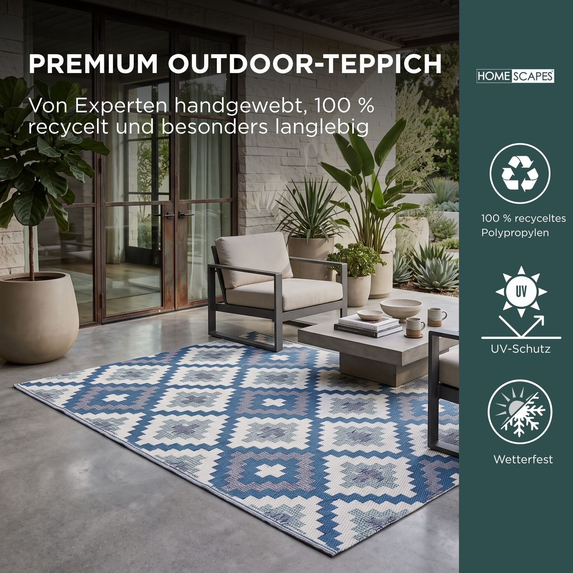 Homescapes Outdoorteppich Outdoor-Teppich Mia aus Polypropylen mit blauem Muster, 120 x 180 cm, rechteckig, Höhe: 20 mm