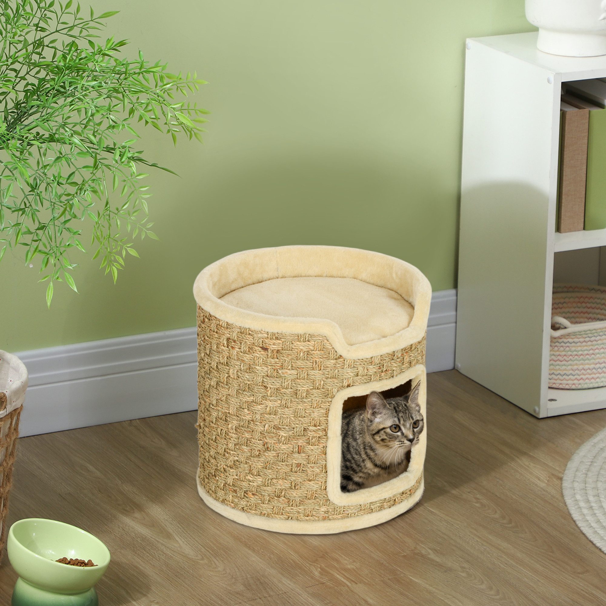 PawHut Kratzbaum Kratztonne, Katzenhöhle mit Tür, Katzenturm, Katzenbett aus Sisal, für Katze bis 5 kg, Khaki