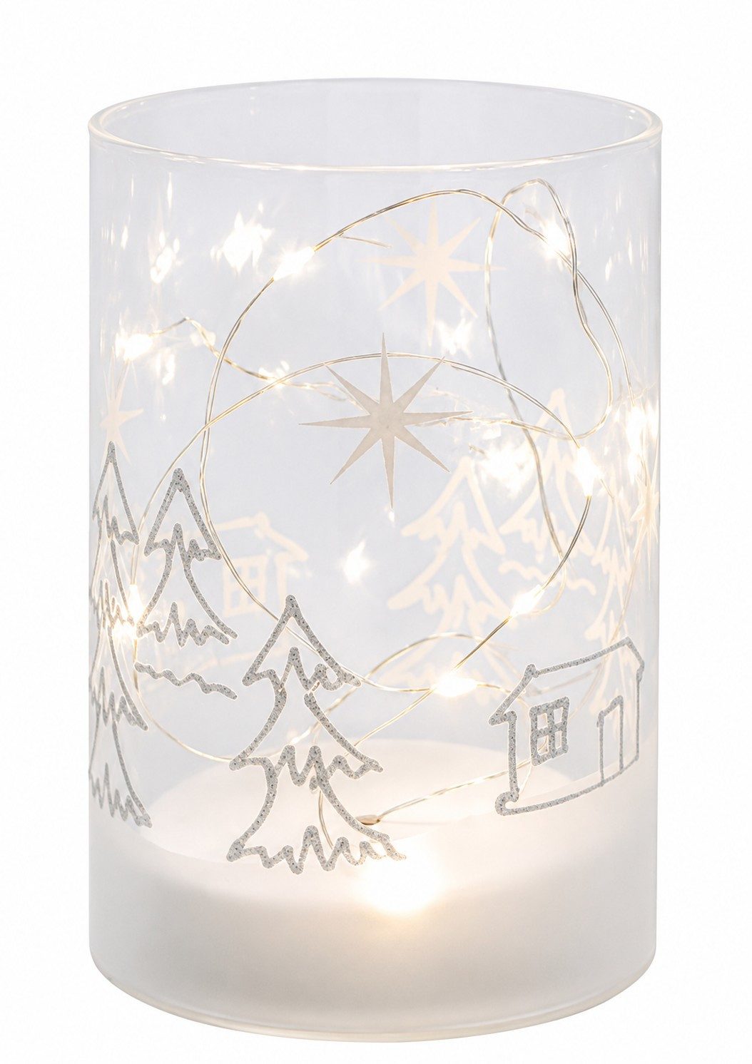 Wurm LED Windlicht LED Windlicht Winterwald Weiß Silber mit LEDs & Timer 14 cm, LED fest integriert