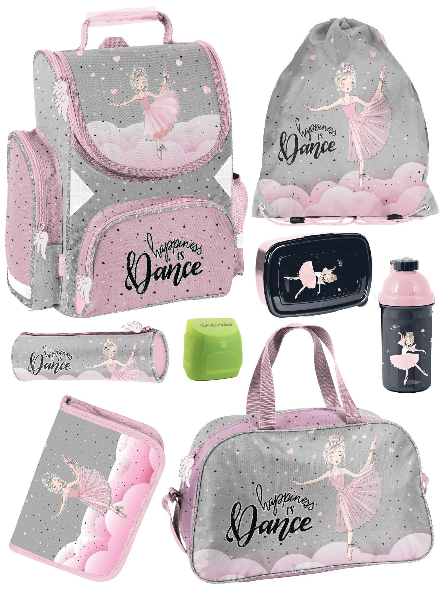 Familando Schulranzen Ballerina Ballett Schultasche, rosa, für Mädchen 1. bis 4. Klasse (Set, 8-tlg., inkl. Federmappe, Lunch-Set und Sporttasche), ergonomisch, 1.010 Gramm leicht, 18L Volumen