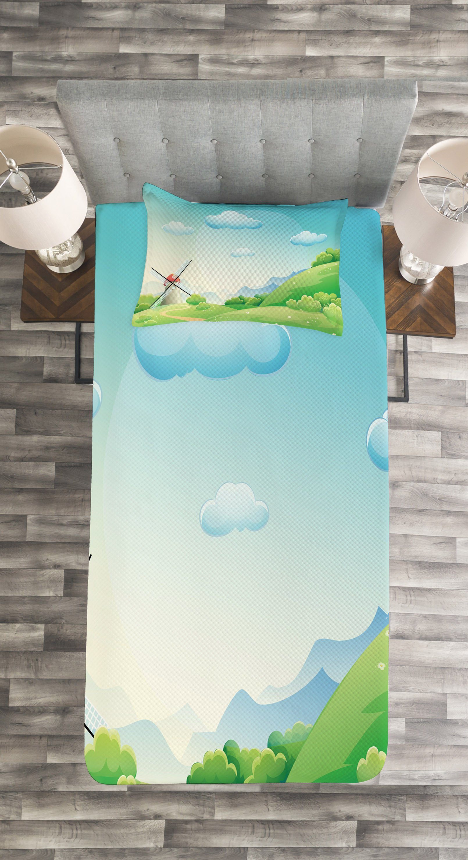 Cartoon Kissenbezügen mit Abakuhaus, Tagesdecke Set Land-Landschaft Waschbar, Wolke