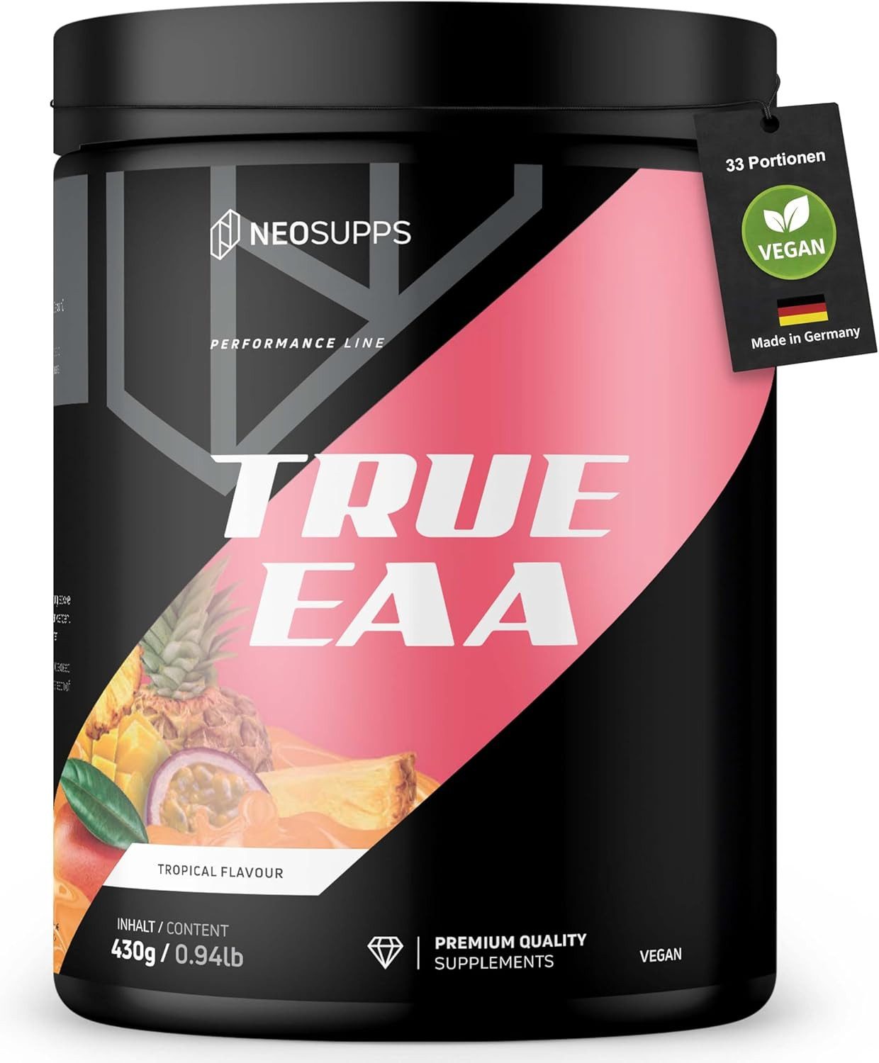 Neosupps EAA Pulver Tropical 430g, hochdosiert 10.300mg EAAs pro Portion Pulver, 430 g, Hochwertige Essenzielle Aminosäuren für vor & während des Trainings