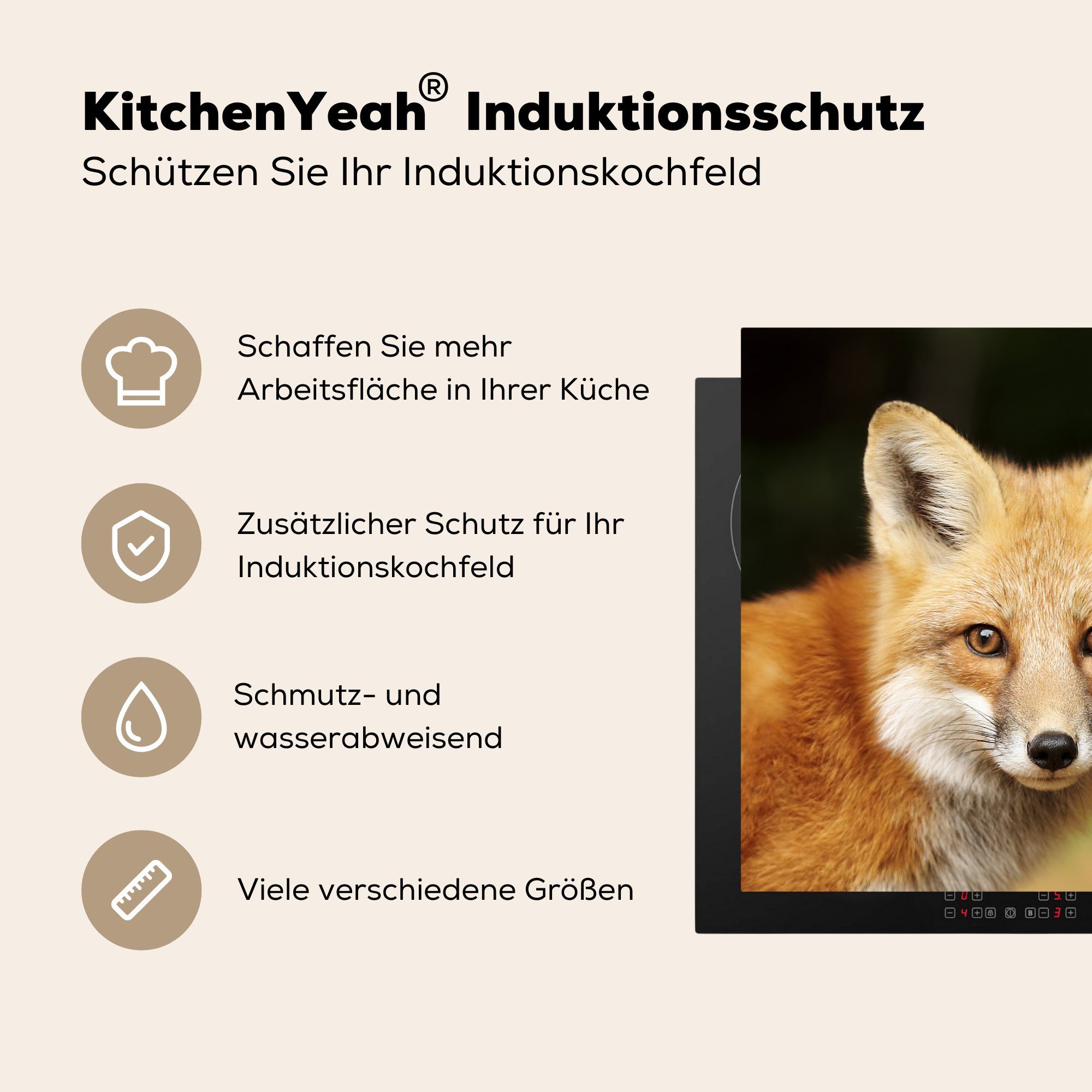 MuchoWow Herdblende-/Abdeckplatte Fuchs - Welpe küche 78x78 Porträt, tlg), Ceranfeldabdeckung, cm, - Vinyl, Arbeitsplatte für (1