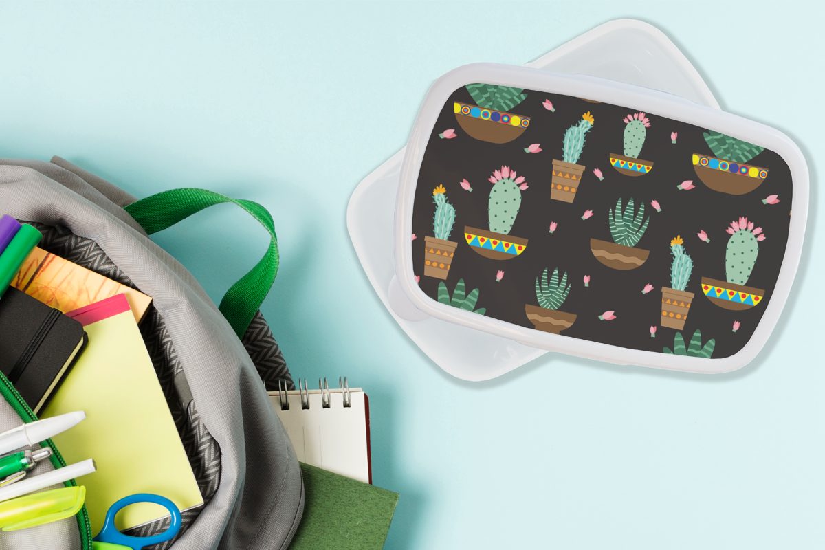 Muster Kinder für weiß und Brotbox Lunchbox Jungs Kaktus für MuchoWow Brotdose, - - Pflanzen, und Kunststoff, Mädchen Erwachsene, (2-tlg),