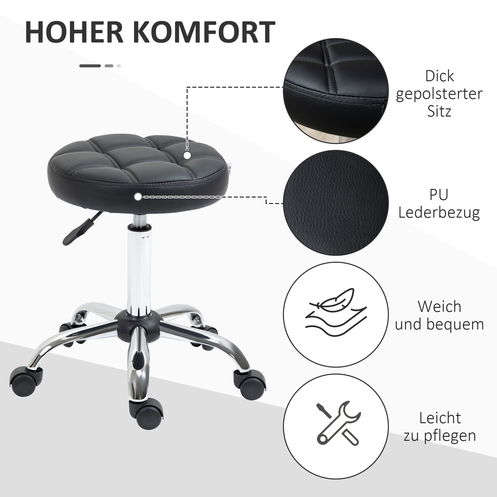 HOMCOM Rollsitz Drehhocker 51-67 cm 360° drehbar Hocker Massage Spa (Arbeitshocker, 1 St., Salonhocker), für Wohnzimmer, Büro, Schwarz – Bild 5 von 5