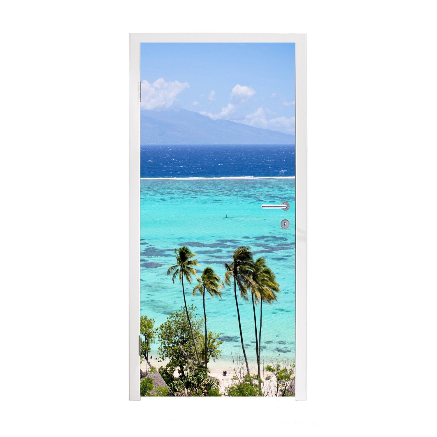 MuchoWow Türtapete Palmen an der Küste von Moorea in Französisch-Polynesien, Matt, bedruckt, (1 St), Fototapete für Tür, Türaufkleber, 75x205 cm