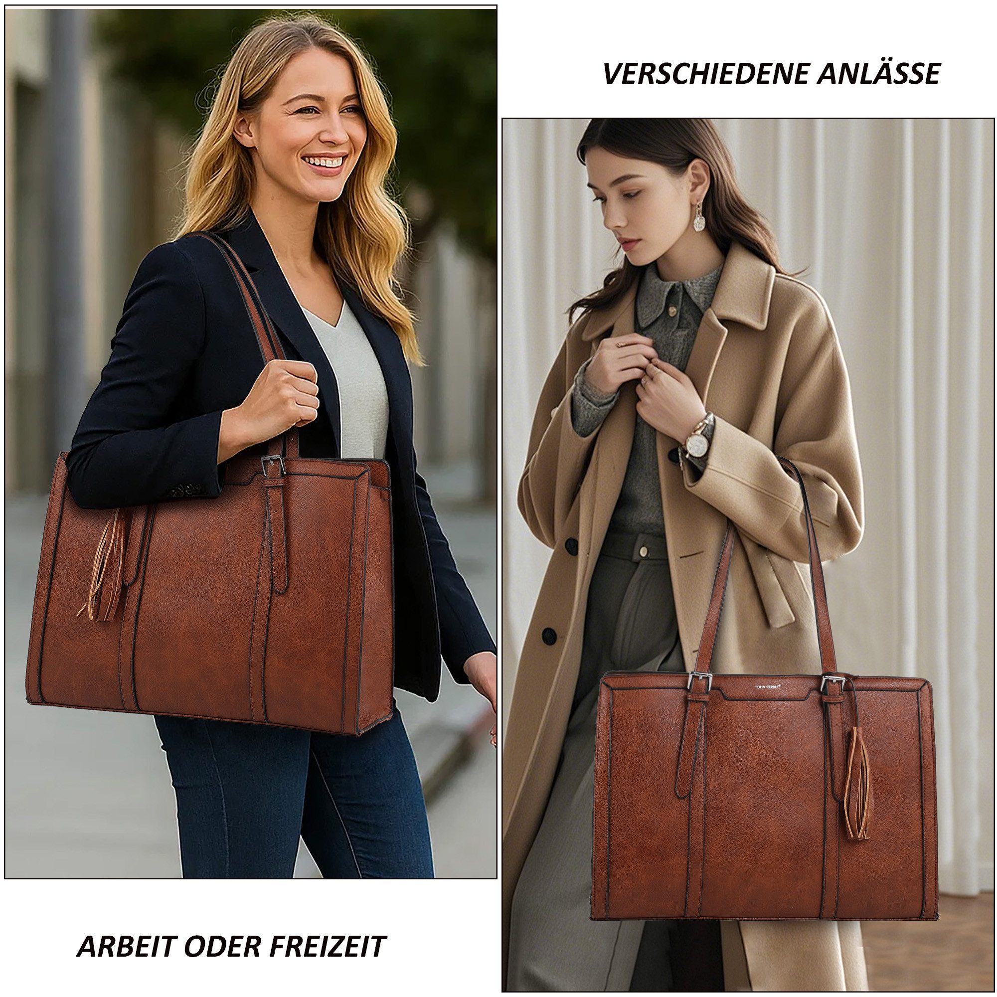 TAN.TOMI Handtasche Große Business Handtasche Damen Leder Schultertasche Arbeit Schule, Bürotasche Damen 15.6 Zoll Notebookt mit 3 Fächern für Büro Schule