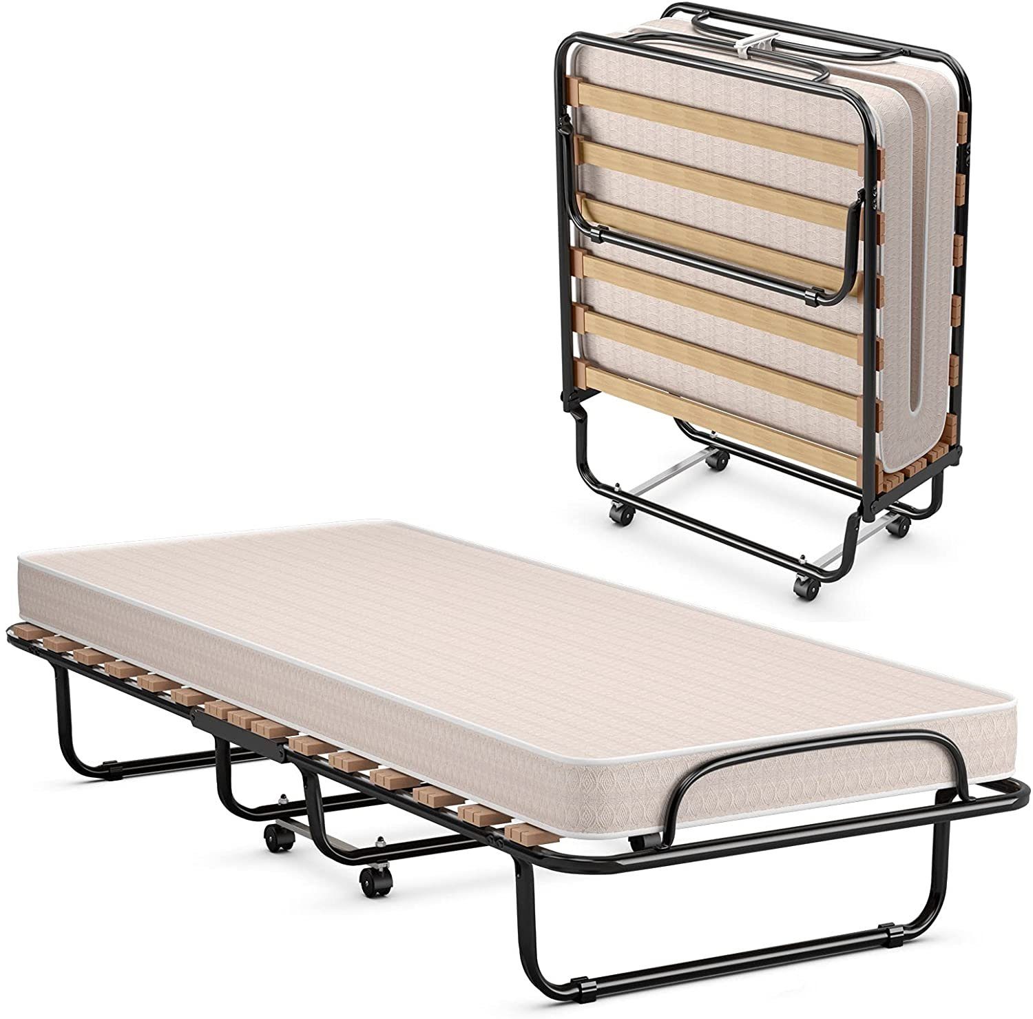 COSTWAY Gästebett klappbar 80x190cm auf Rädern, mit Matratze, bis 130kg Beige