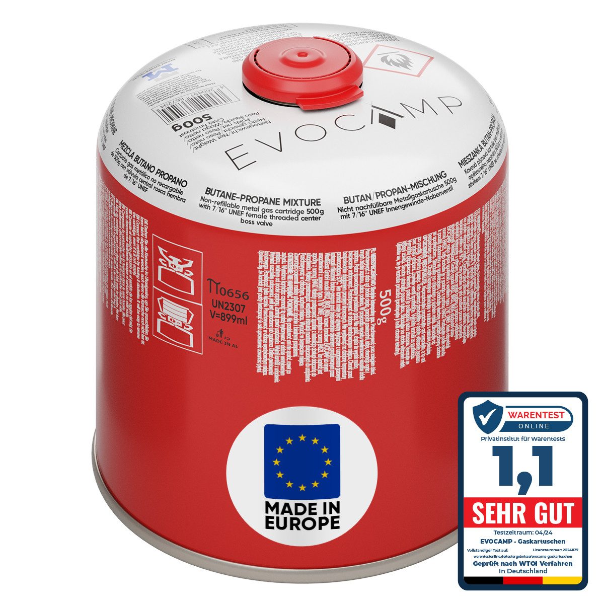 EVOCAMP Gaskartusche Ventilkartusche mit Butan/Propan Gas EN 417 500g mit Schraubventil, 1 St.