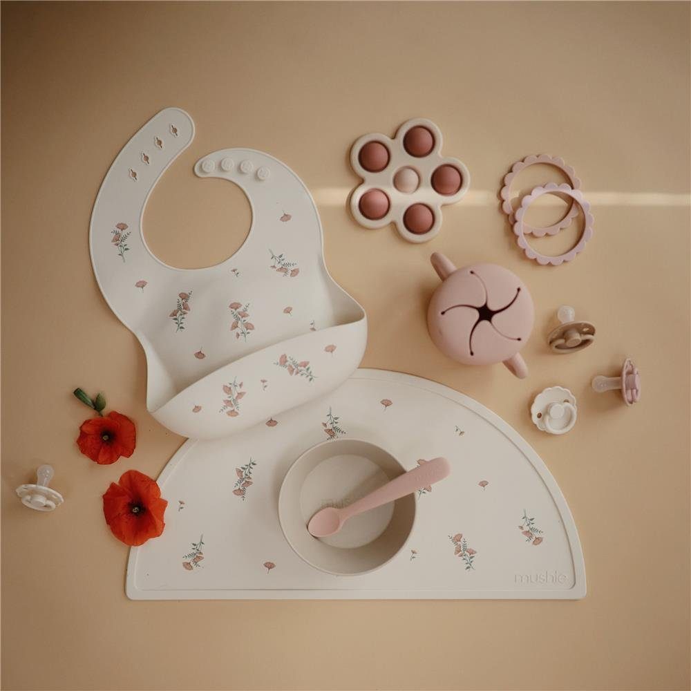 Mushie Platzset Pink Flowers, aus Silikon, Beige, Blumenmotiv, BPA-frei