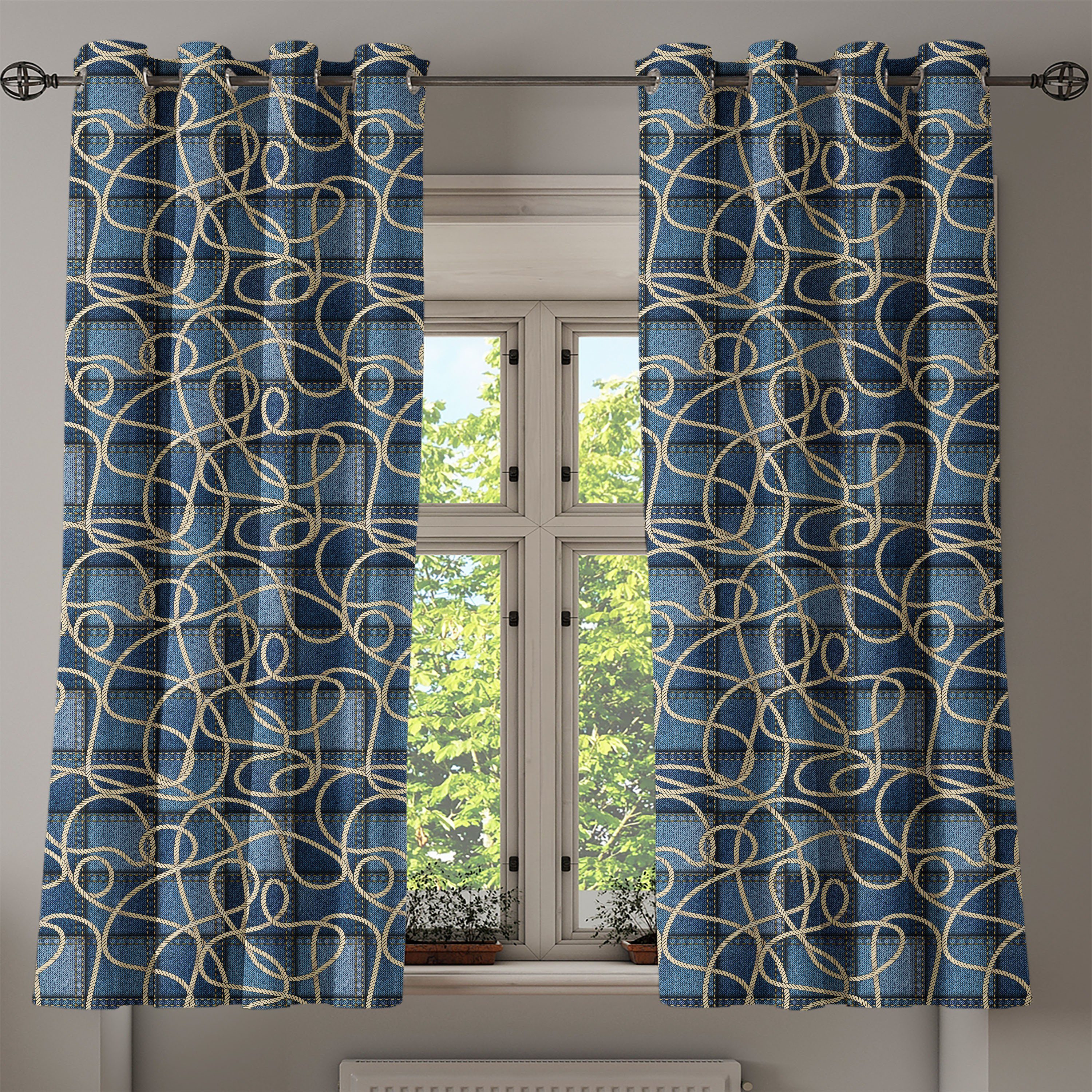 Schlafzimmer Abakuhaus, 2-Panel-Fenstervorhänge für Seil Wohnzimmer, Dekorative Gardine Patchwork Blau Denim