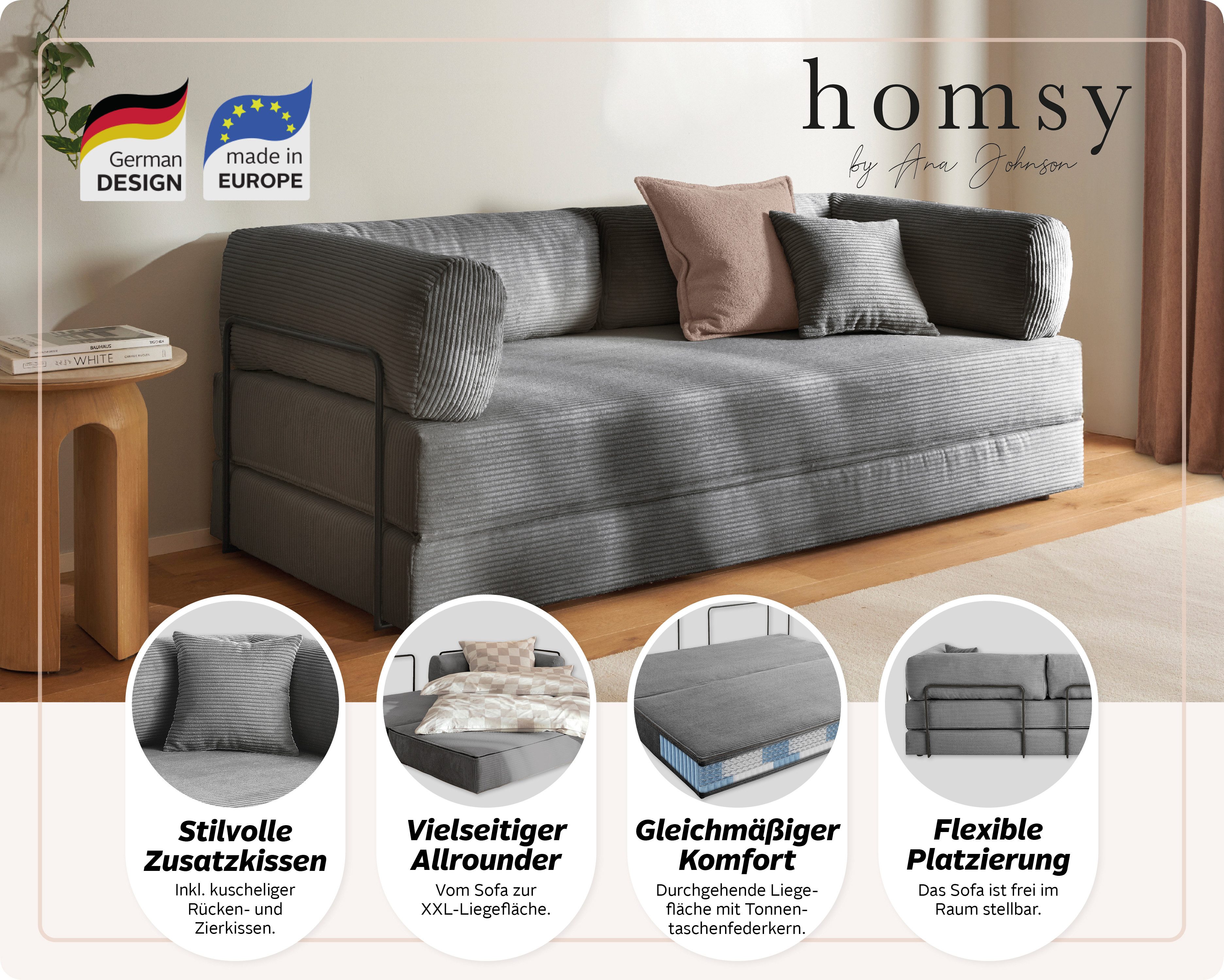 homsy by Ana Johnson Schlafsofa Folda Dauerschläfer, B: 206 cm, Liegefl. 181x198 cm, mit Bett-/Schlaffunktion, inkl. 1x Zierkissen, Tonnentaschenfederkern