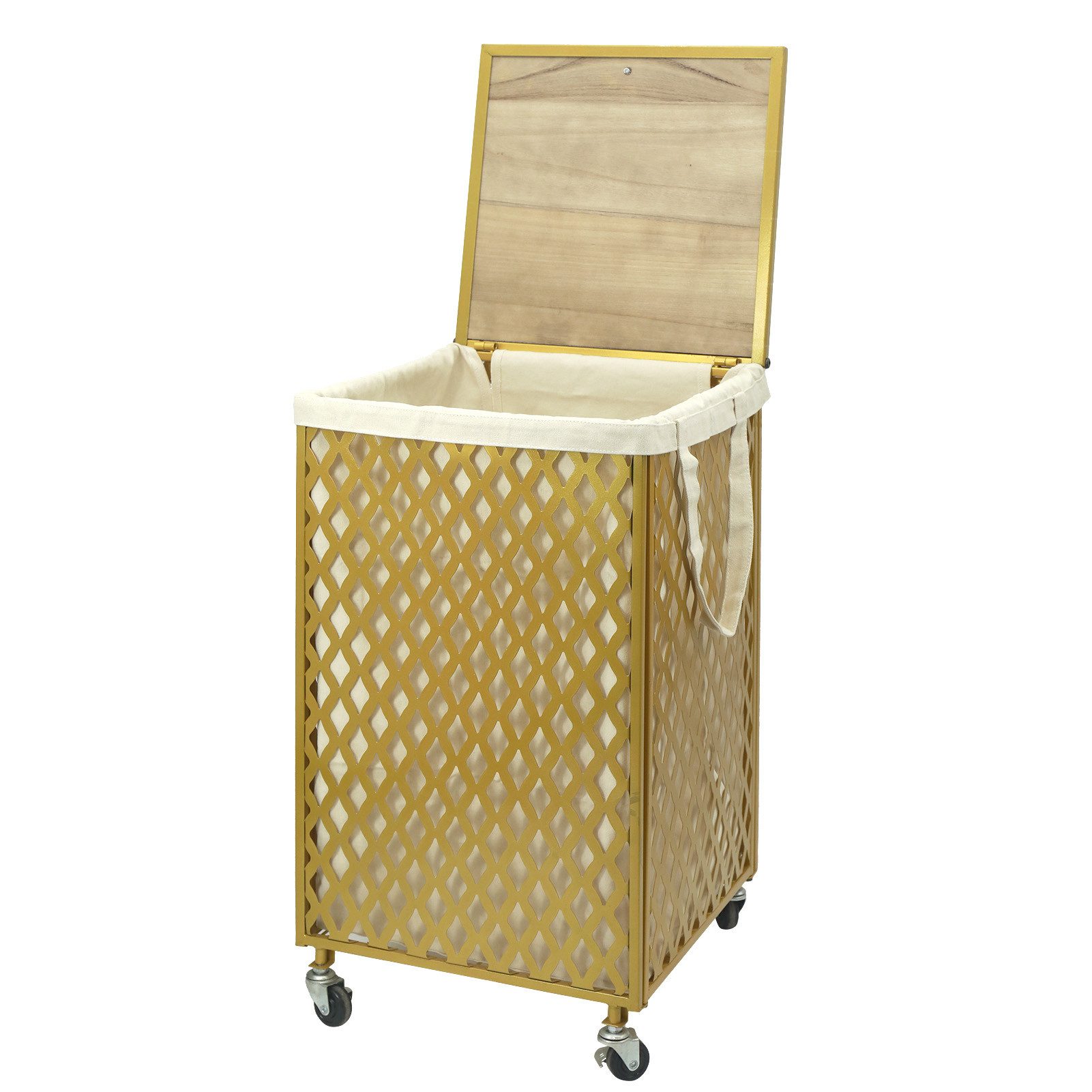 G-LEAF Wäschekorb mit Rollen, Metall Wäschesammler mit Holzdeckel & Wäschesack (1 St), für Badezimmer, Schwarz/Golden