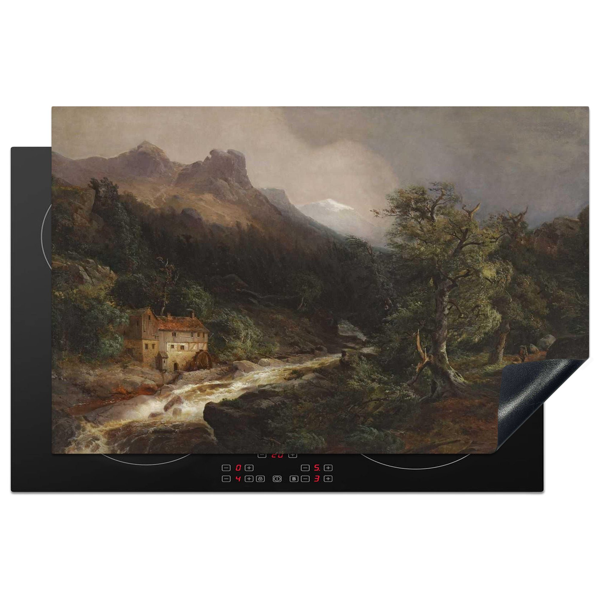 MuchoWow Herdblende-/Abdeckplatte Berglandschaft mit Bach - Gemälde von Andreas Achenbach, Vinyl, (1 tlg), 81x52 cm, Induktionskochfeld Schutz für die küche, Ceranfeldabdeckung