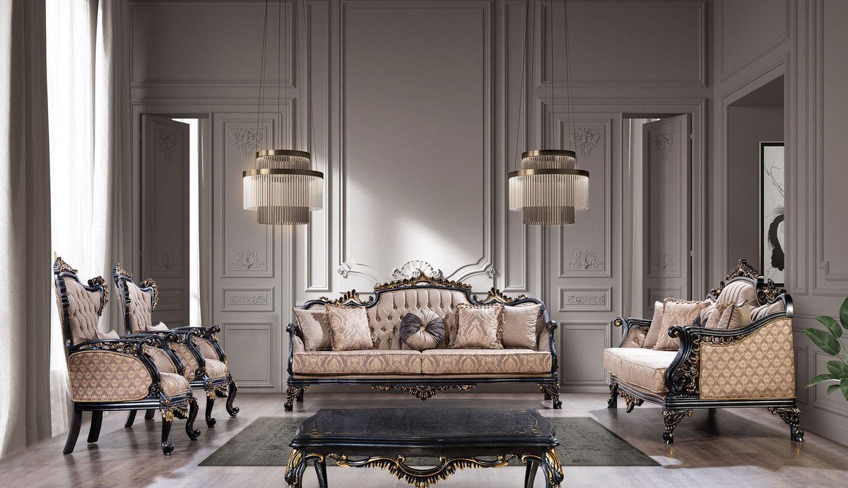 Grau Luxus Sessel Möbel Casa im Casa elegantem Barock - / Padrino Prunkvoller Sessel Padrino Barockstil - Blau Sessel Barock / Einrichtung mit Gold Muster Wohnzimmer Barock Wohnzimmer - Möbel - Luxus