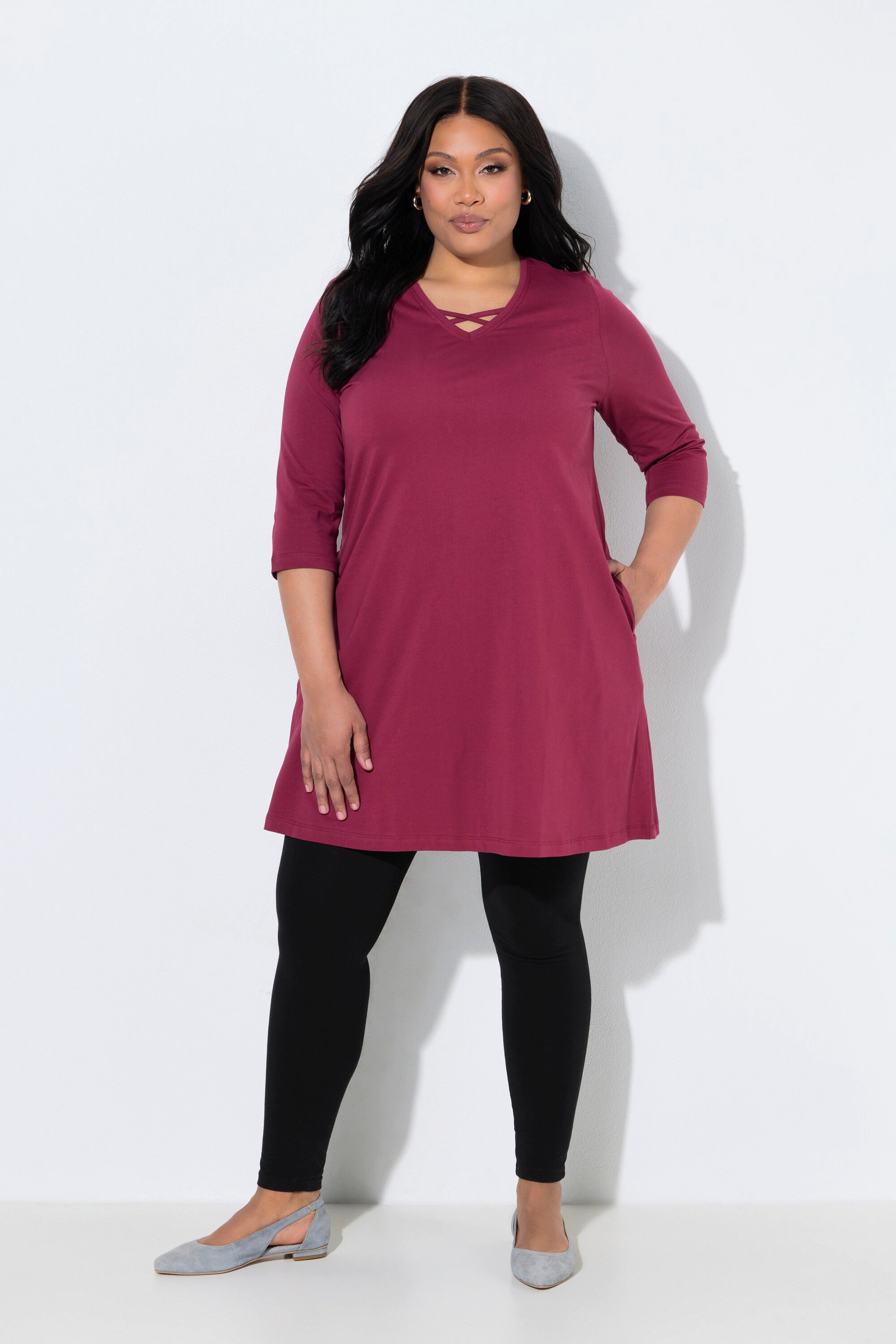 Ulla Popken Longshirt Longshirt Zierbänder A-Linie V-Ausschnitt 3/4-Arm