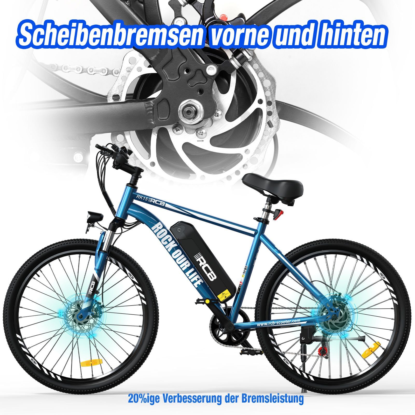 Gang, Shimano MTB abnehmbarer Heckmotor, E-Bike 36V11.2AH ZOLL, 26 250w Blau Akku, RCB RK15 Doppelscheibenbremse, 7 7G