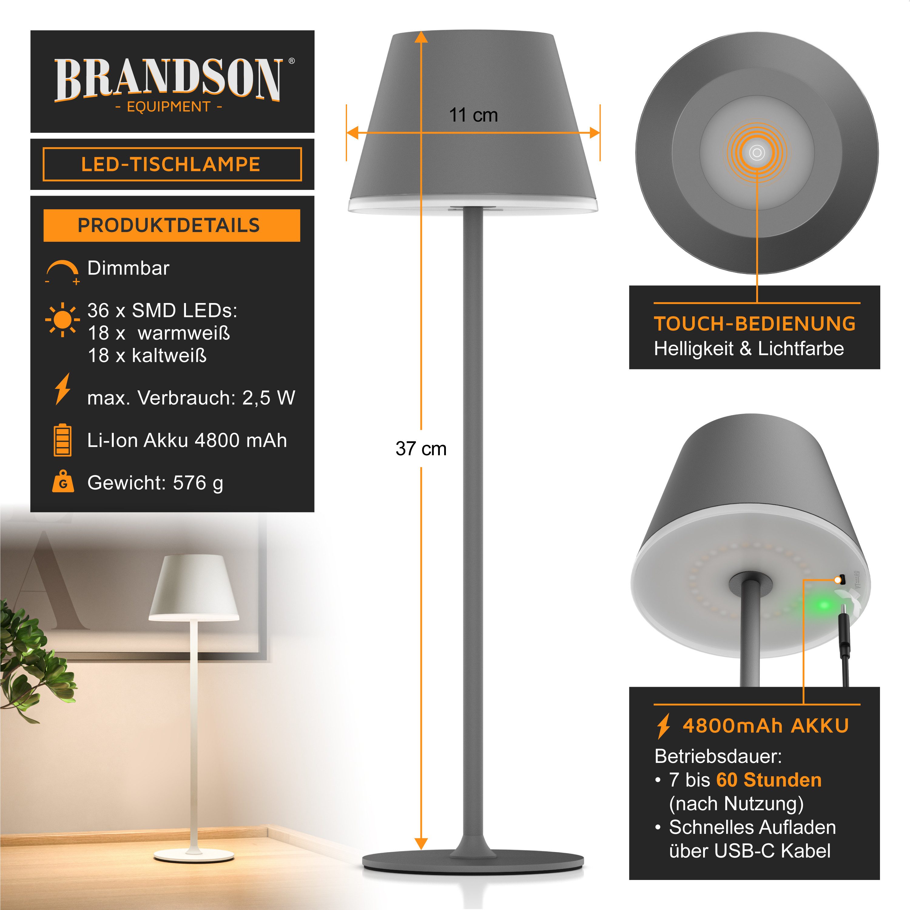 Brandson LED Tischleuchte mit Akku, Kabellos, mit Touch, Helligkeit stufenl günstig online kaufen