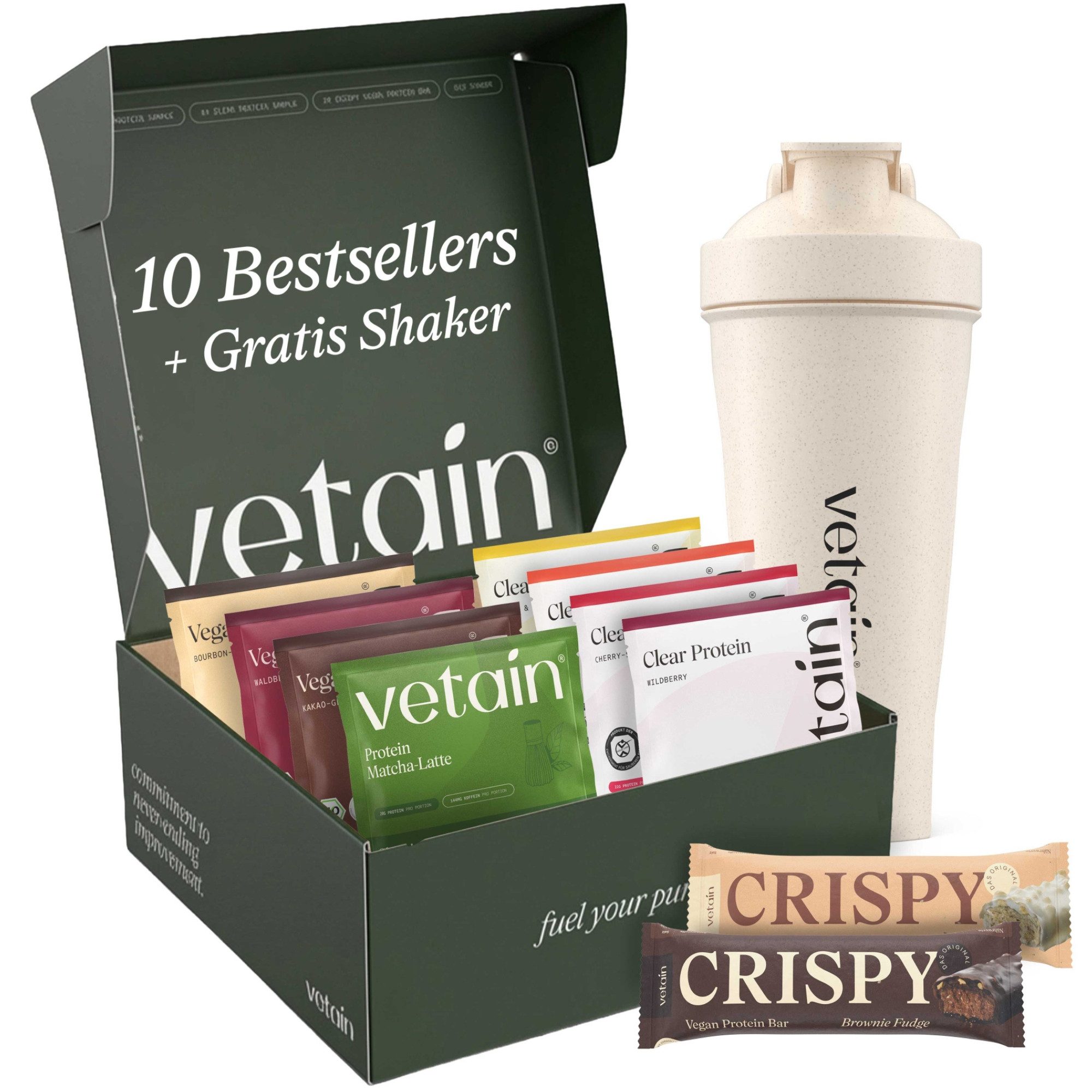 VETAIN Premium Protein Probierpaket - 10x Bestseller + Gratis Shaker - Pulver, 10 er, Ohne künstliche Süßungsmittel, Ohne Soja, 100% vegan
