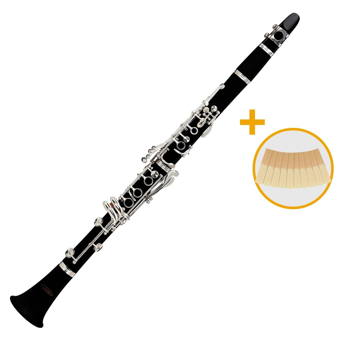 Classic Cantabile Klarinette CLK-10 Reed Set - aus ABS Kunststoff Bb boehmisch, Inkl. Koffer, 10er Pack Blätter, Durchziehwischer u. Korkfett, 17 Klappen, 5 Ringe, Mechanik versilbert, ideales Schülerinstrument