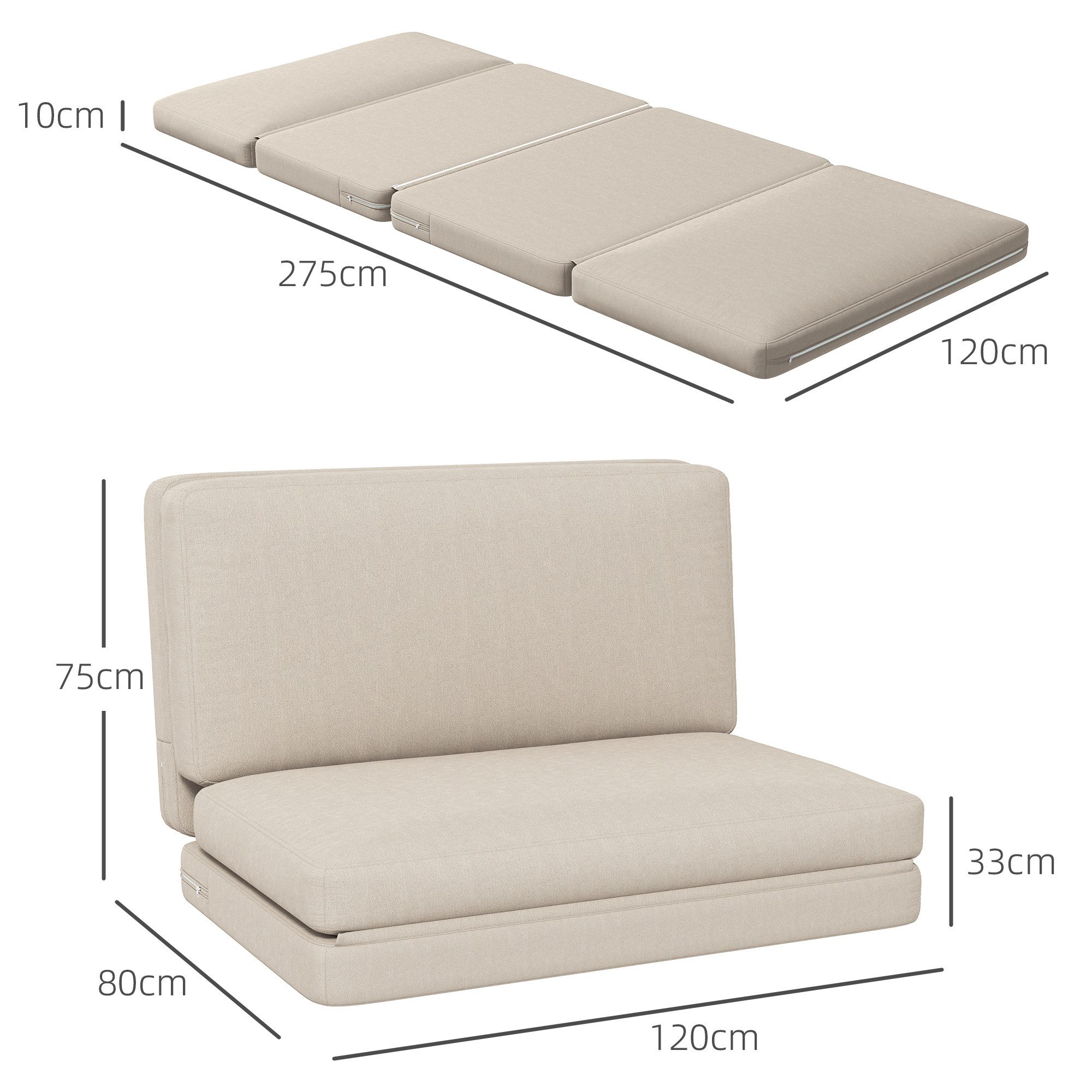 HOMCOM Sitzkissen 3-in-1 Klappbar Schlafsofa mit Samtoptik, für Schlafzimmer, Wohnzimmer, Beige