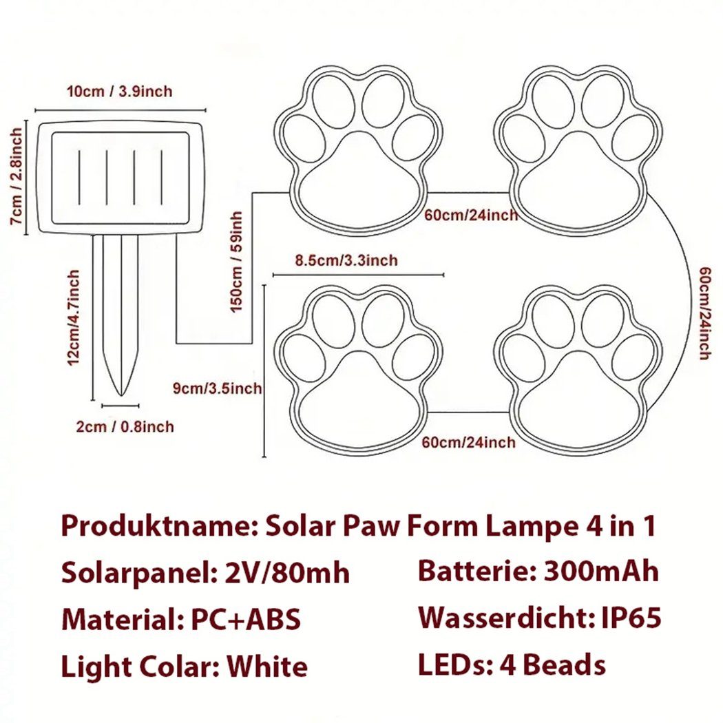 TUABUR Gartenleuchte 4-in-1-LED-Solar-Gartenleuchte, mit Tierpfotenmuster! Lichterkette