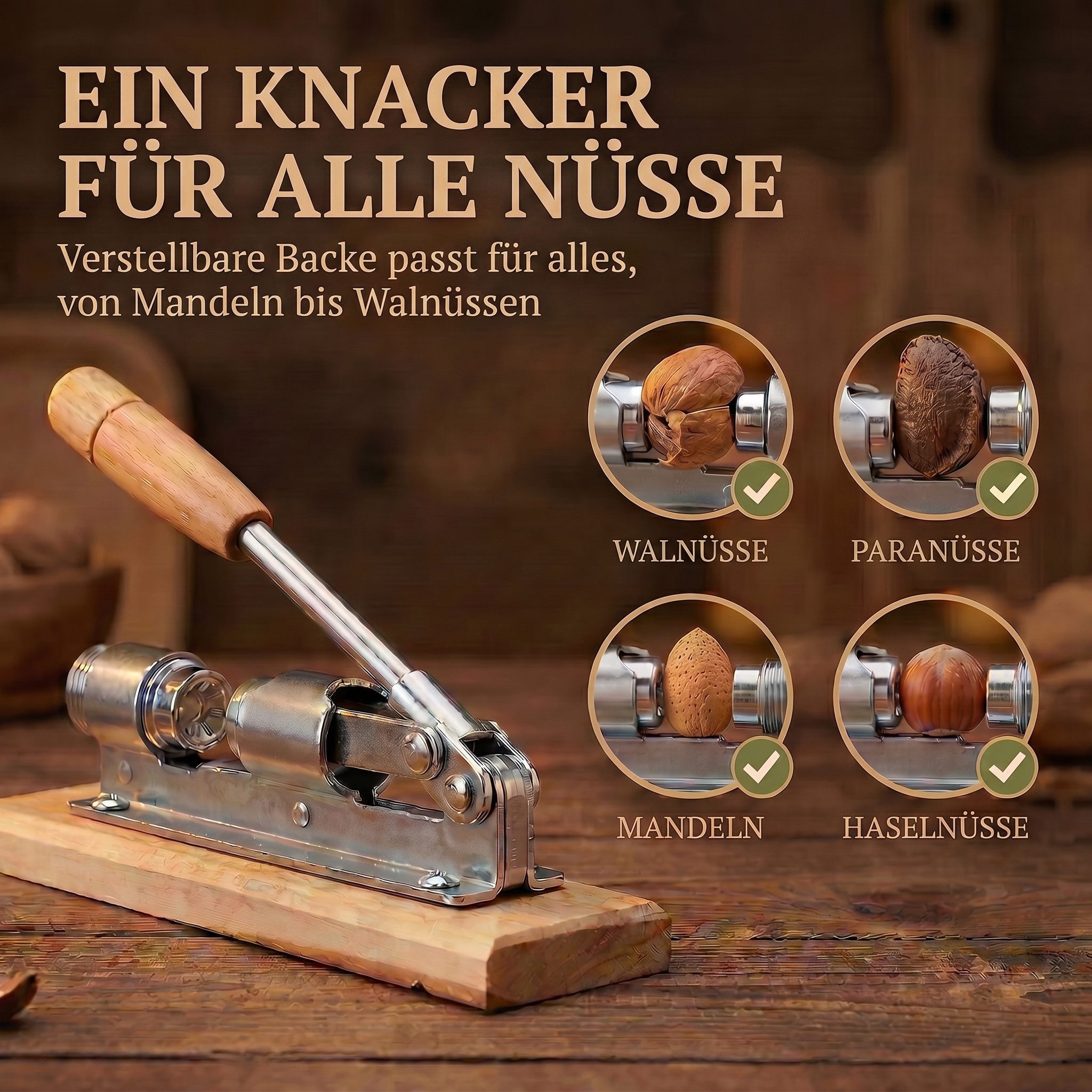 Goods+Gadgets Nussknacker Retro Nussknacker Hebel Edelstahl – Starker Schalenknacker für Nüsse, (Hebel-Knacker), Schalenknacker aus Edelstahl