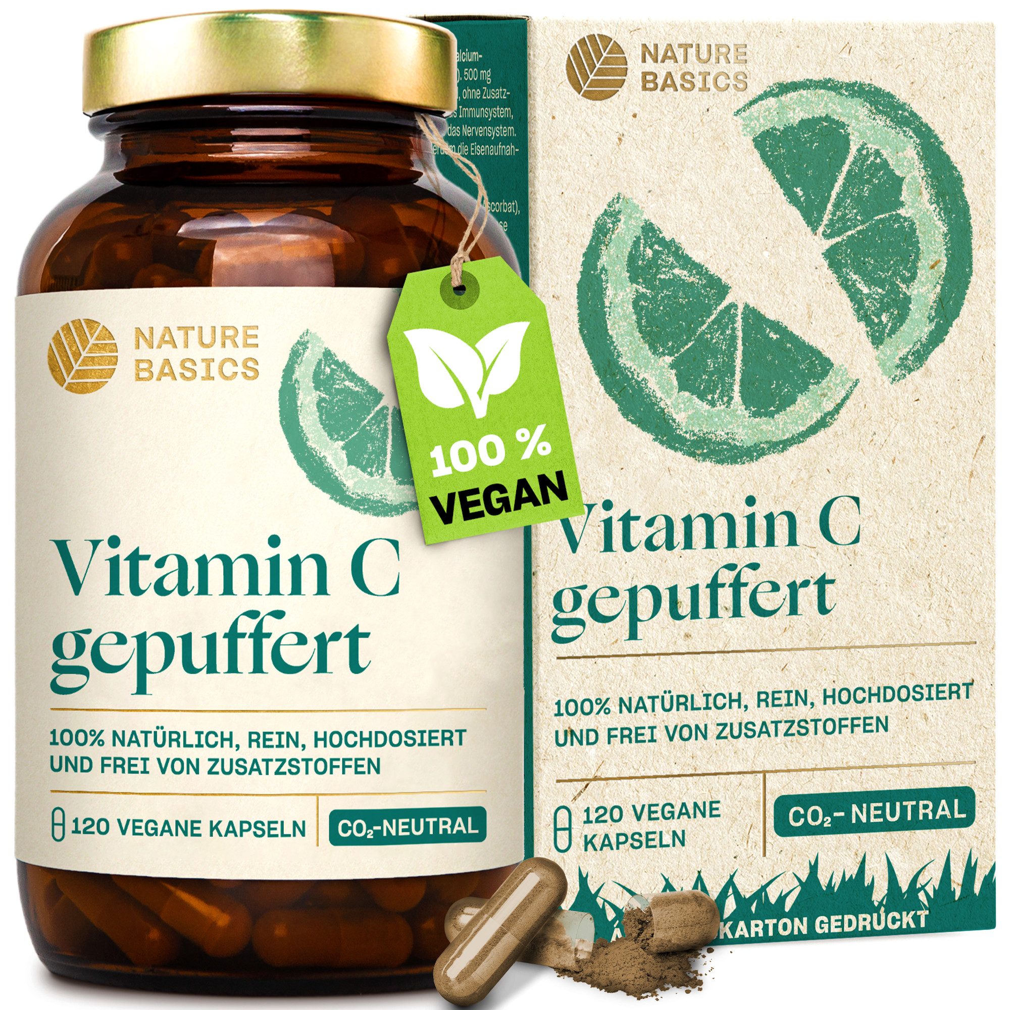 Nature Basics Hochwertiges Vitamin C gepuffert 1000mg Vegan & Nachhaltig Kapseln, 130 g