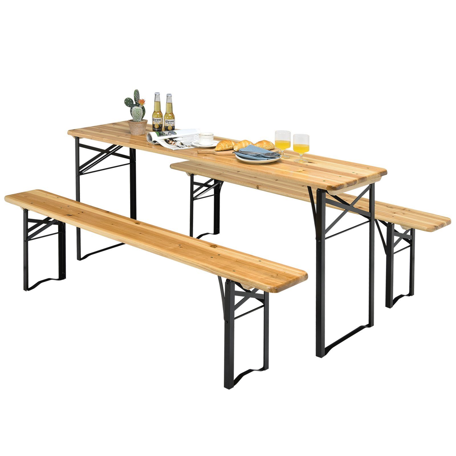COSTWAY Bierzeltgarnitur, (3-tlg), Campingtisch Metallrahmen, 178x46x76cm