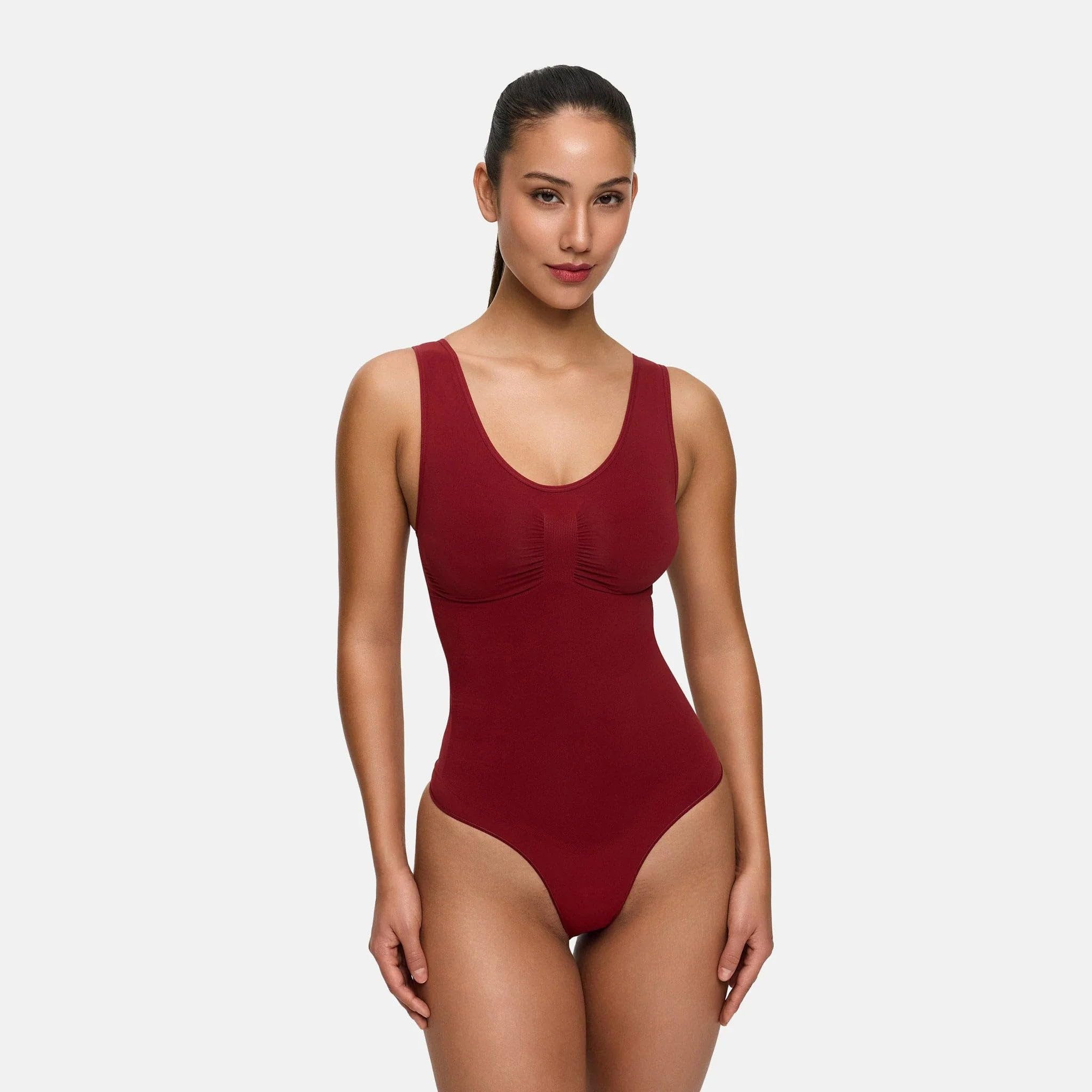 cfab (creamy fabrics) Miederbody Tank Bodysuit Sculpting Shapewear mit String-Wine Red-3XL (1-tlg) Figurformend