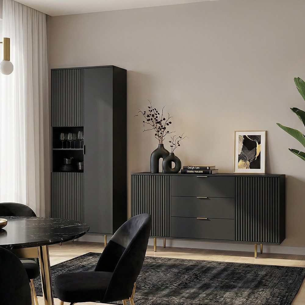 Lomadox Wohnzimmer-Set NADOR-132, (Mega-Spar-Set, 2-St., Sideboard Vitrine), matt schwarz, goldfarbenen Metallgriffen und -füßen, Front Rillenoptik