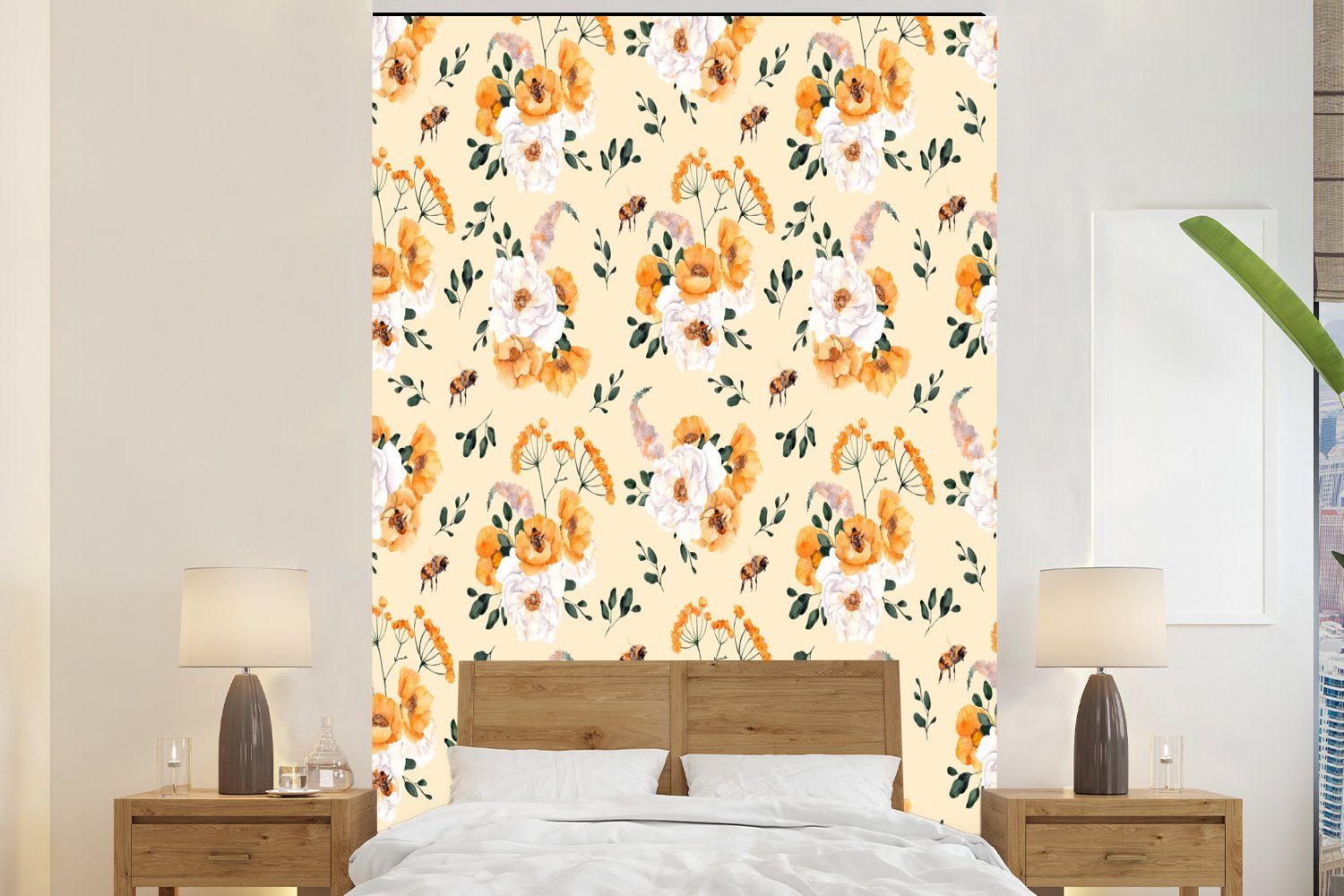 MuchoWow Fototapete Blumen - Pastell - Orange, Matt, bedruckt, (3 St), Montagefertig Vinyl Tapete für Wohnzimmer, Wandtapete