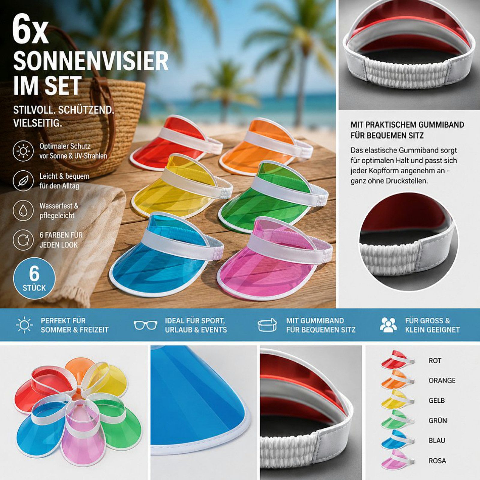 Koopman Schirmmütze Sonnenschutz Sichtschutz Mütze 6 Farben 6tlg (Set, 6-St., Packung) 6 Stk, transparent, Universalgröße, Bunt, Retro