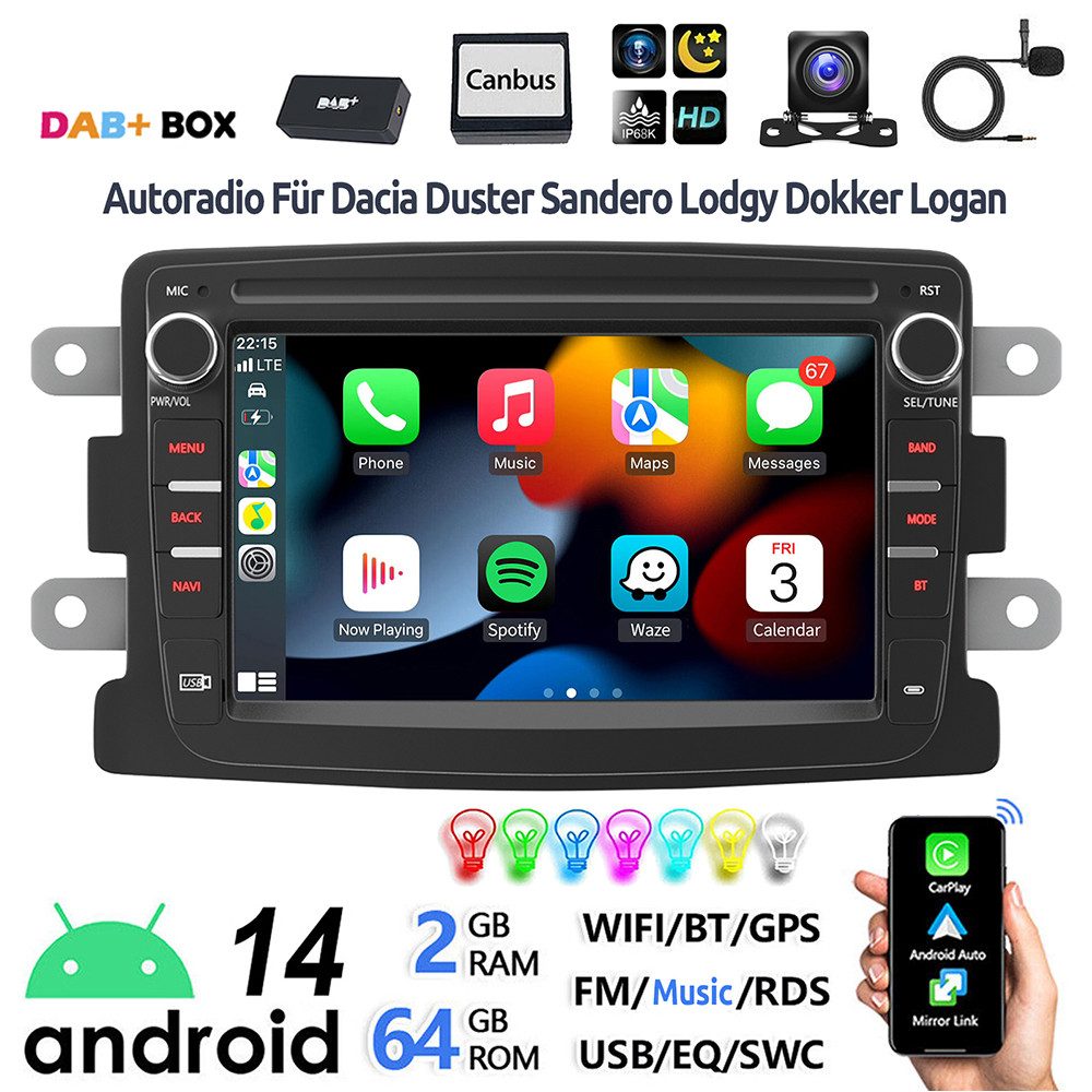 ESSGOO 7" Android 14 Für Renault Captur Dacia Duster Dokker Logan Sandero Autoradio (DAB+ (optional), FM, RDS, 2+64GB(optional), GPS Navi Carplay Android Auto Bluetooth EQ USB WIFI Touchscreen SWC)